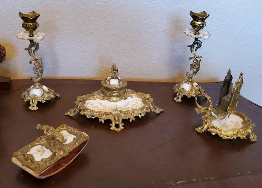 Louis XV Fine 19th Century Ormolu Mounted KPM Porcelain Desk Set - Inkwell Candlesticks For Sale
