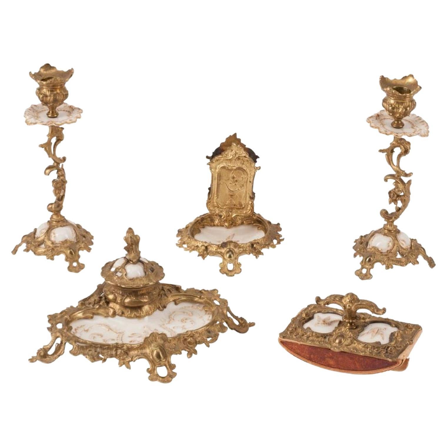 Fine 19th Century Ormolu Mounted KPM Porcelain Desk Set - Inkwell Candlesticks For Sale