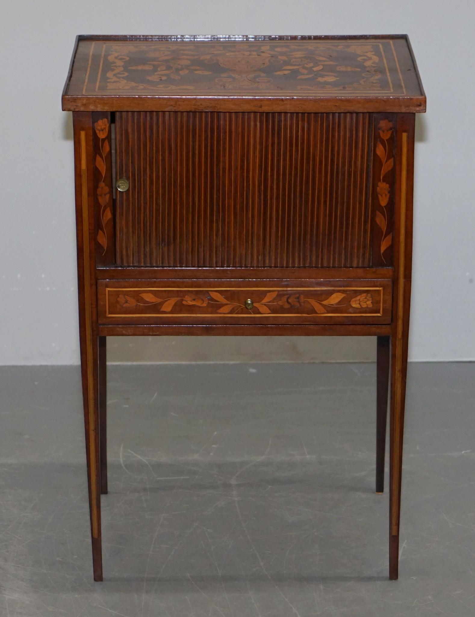 Regency Rare 19th Century Dutch Marquetry Inlaid Side Table with Tambour Fronted Door For Sale