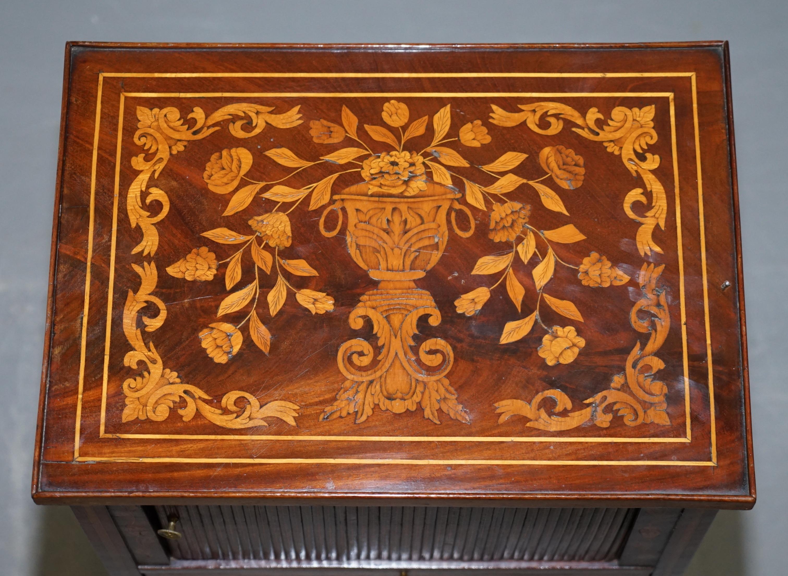 Danish Rare 19th Century Dutch Marquetry Inlaid Side Table with Tambour Fronted Door For Sale