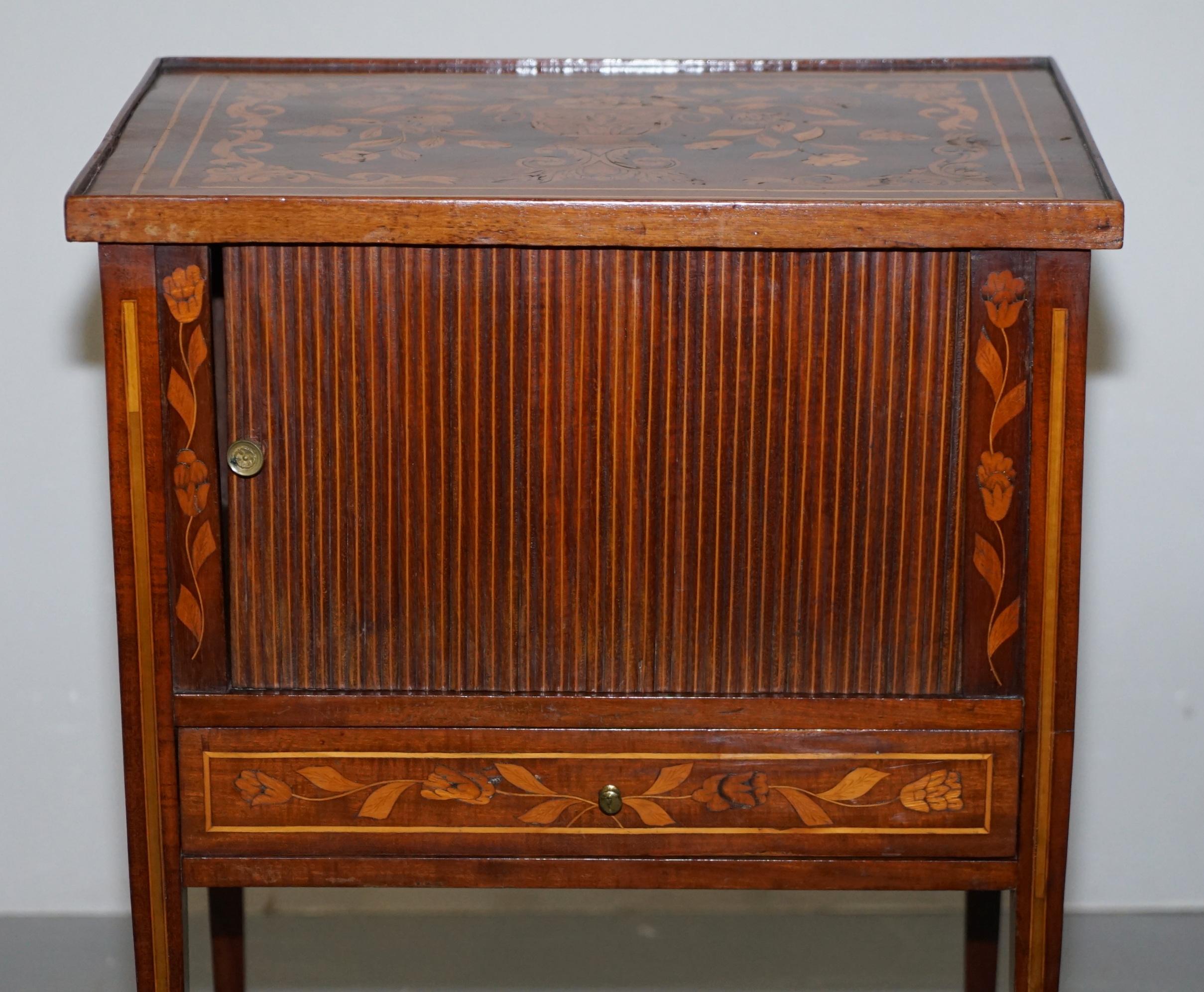 Rare 19th Century Dutch Marquetry Inlaid Side Table with Tambour Fronted Door For Sale 1