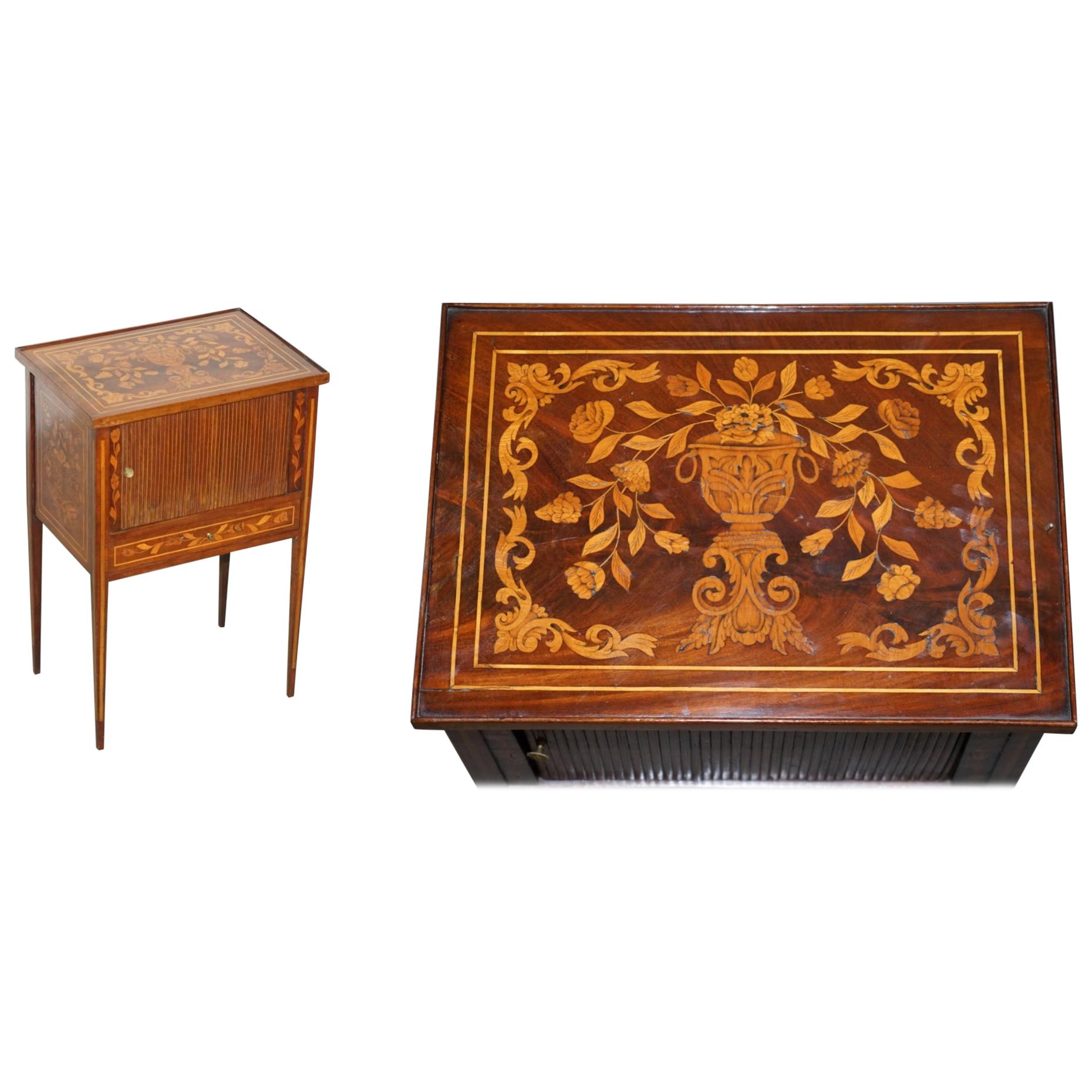 Rare 19th Century Dutch Marquetry Inlaid Side Table with Tambour Fronted Door For Sale