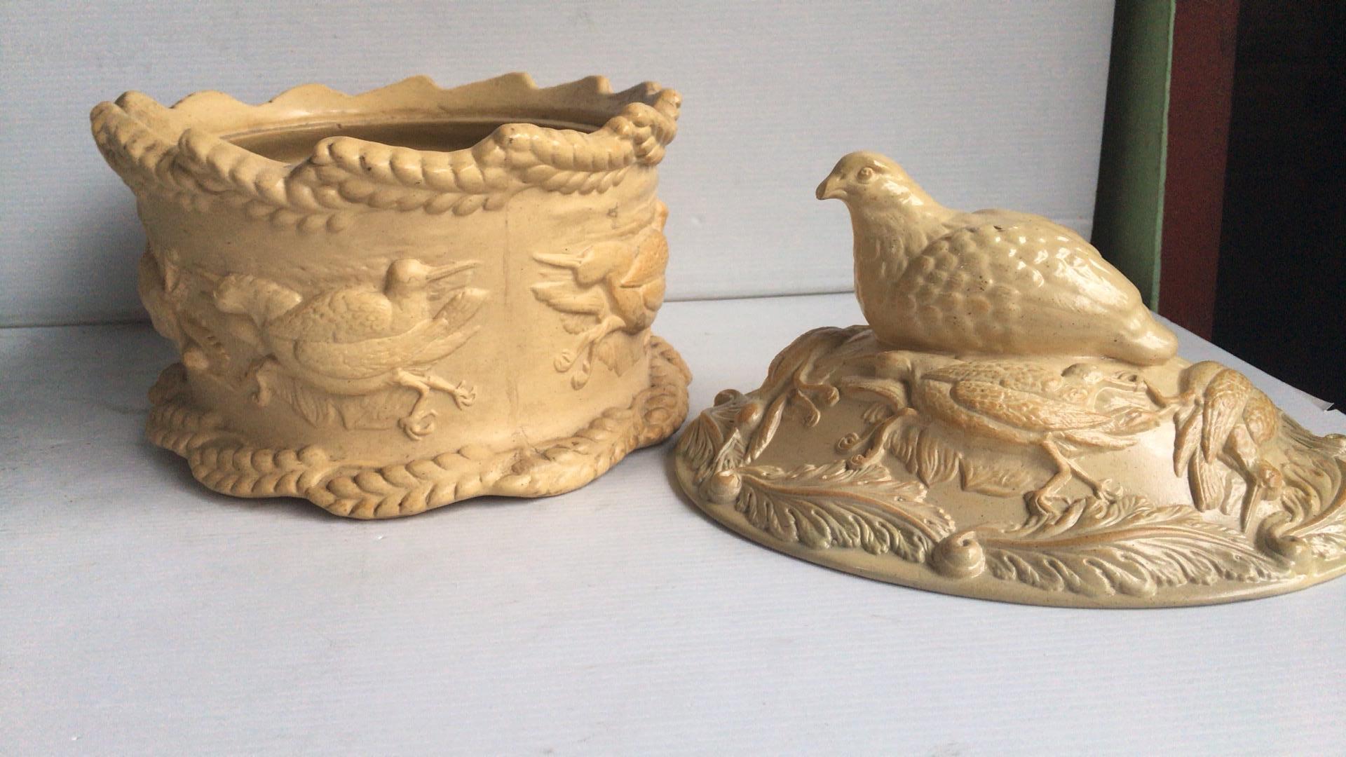 Rare 19th century English Caneware game pie, circa 1830.
A large partridge on the lid, decorated with ear of wheat and woodcocks.