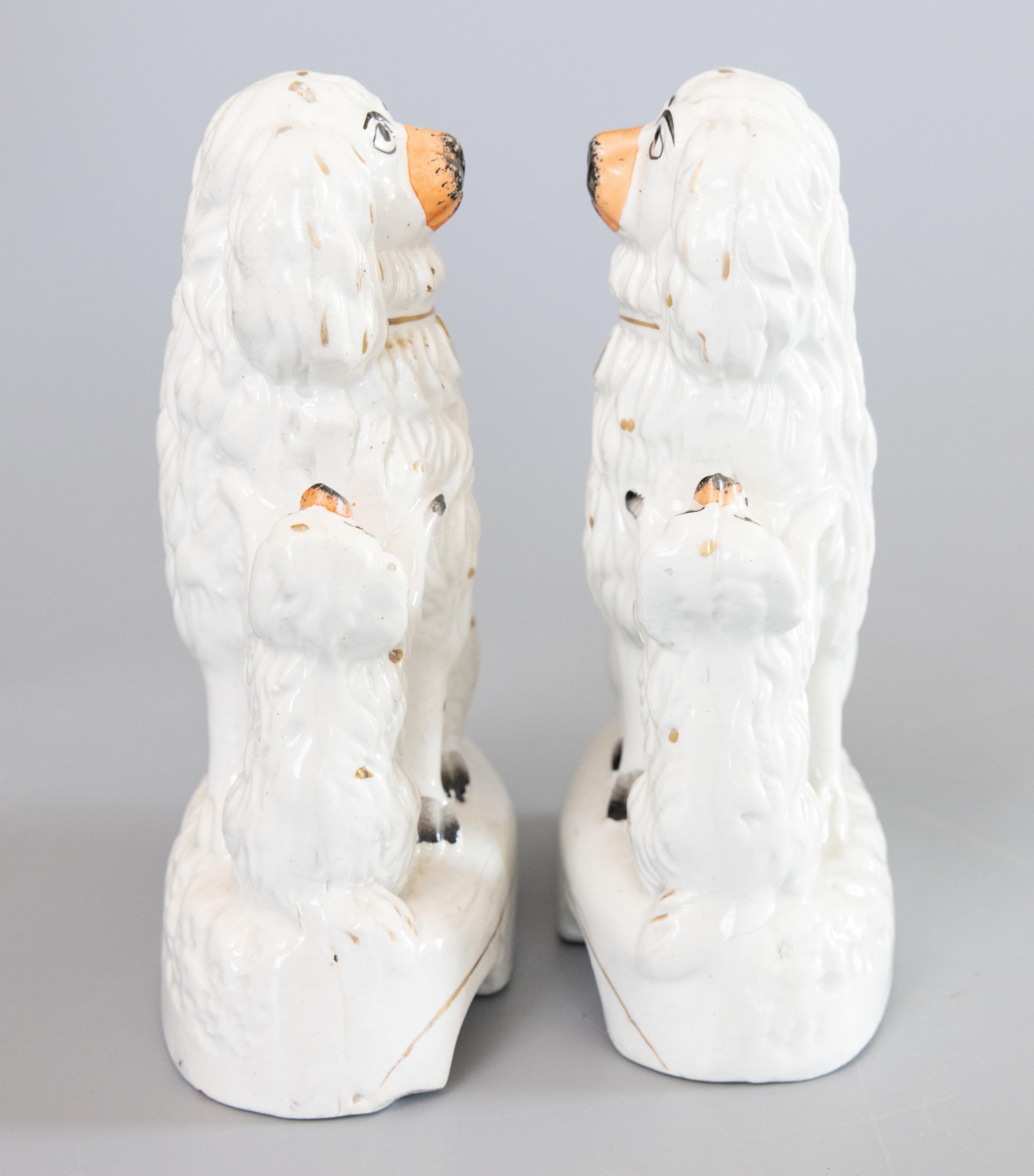 Ceramic Rare Pair of 19th Century English Staffordshire White Spaniel Dogs With Pups For Sale