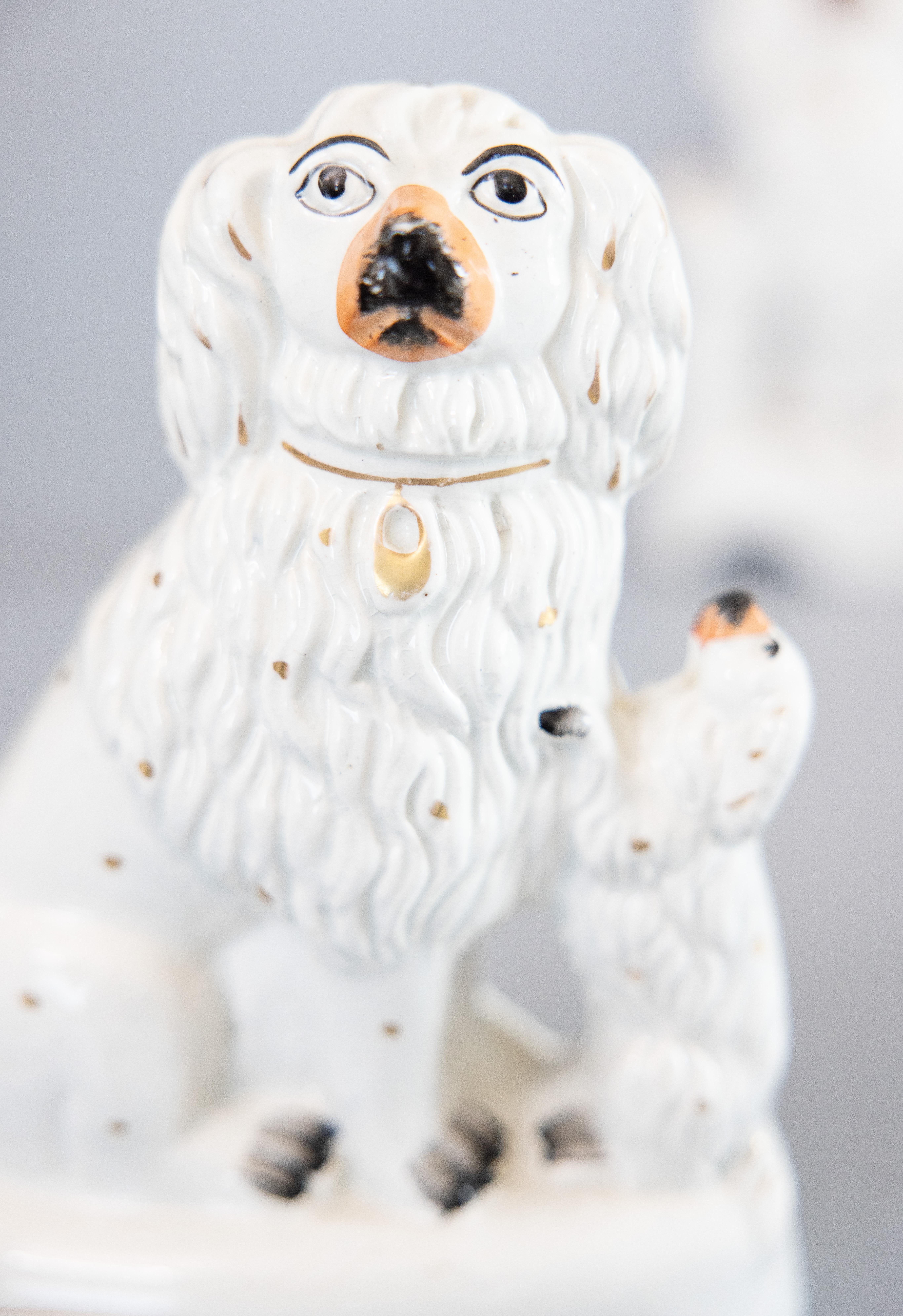 Rare Pair of 19th Century English Staffordshire White Spaniel Dogs With Pups For Sale 1