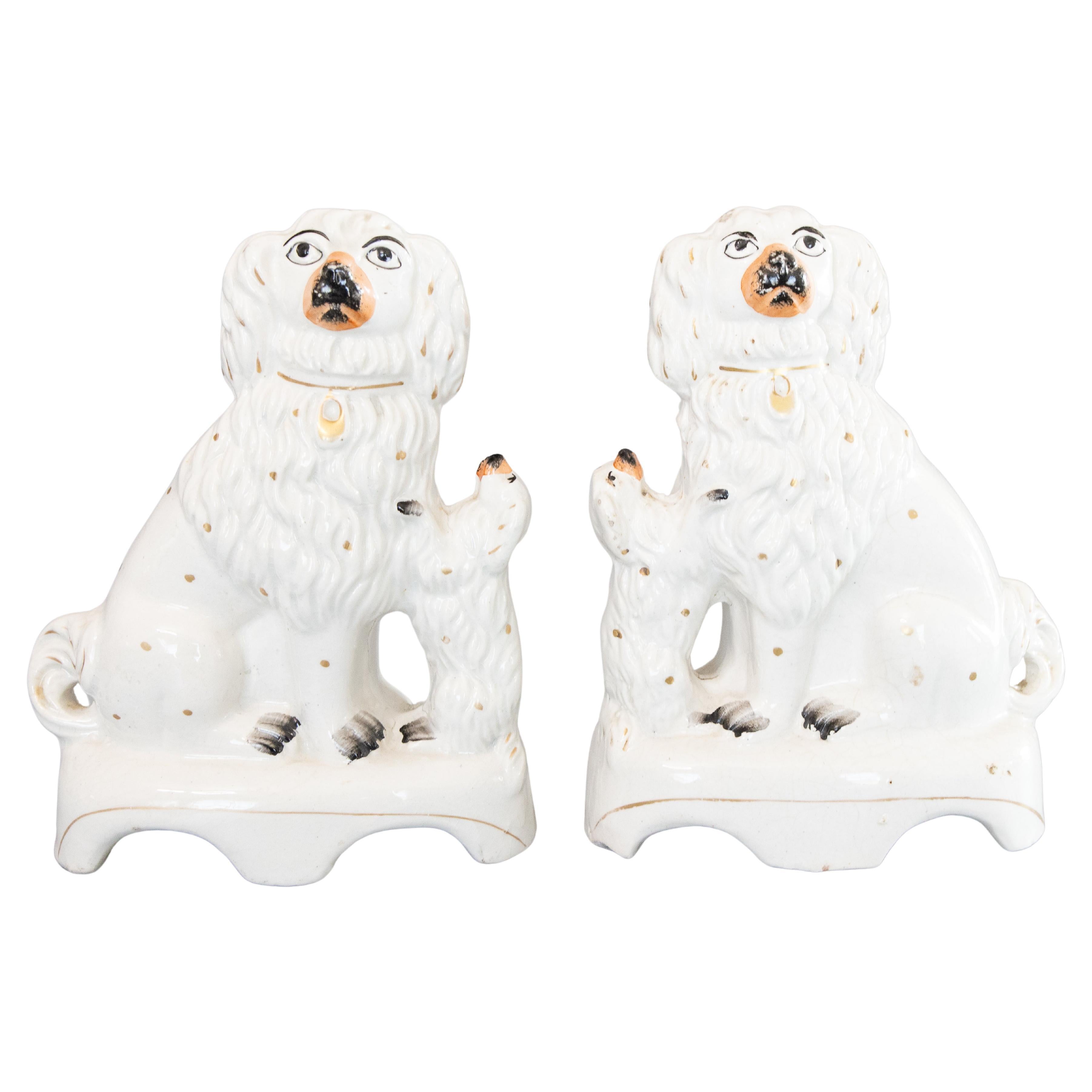 Rare Pair of 19th Century English Staffordshire White Spaniel Dogs With Pups
