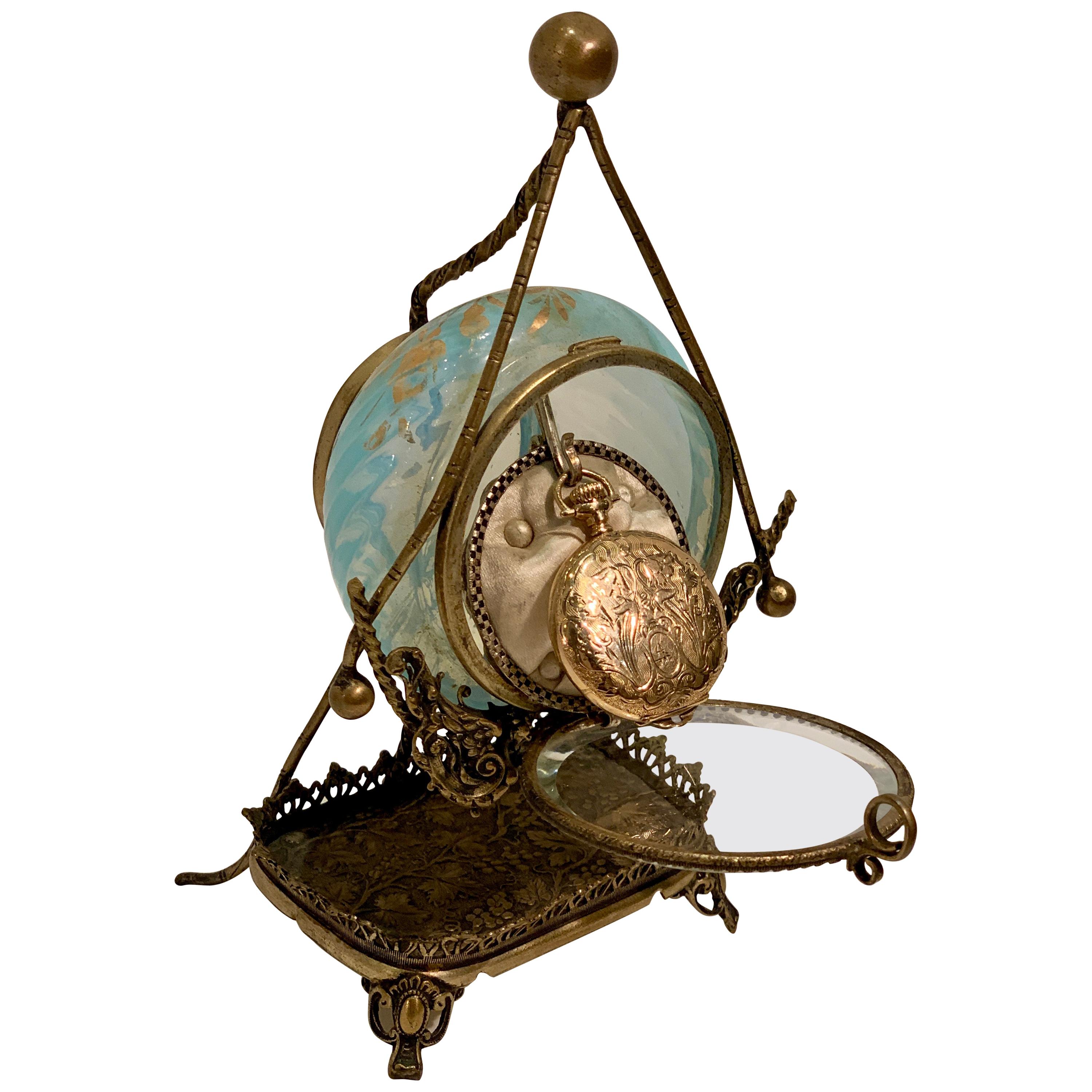 Rare 19th Century French Antique Victorian Glass Pocket Watch Holder Or Rare 19th Century French Antique Victorian Glass Pocket Watch Holder Or