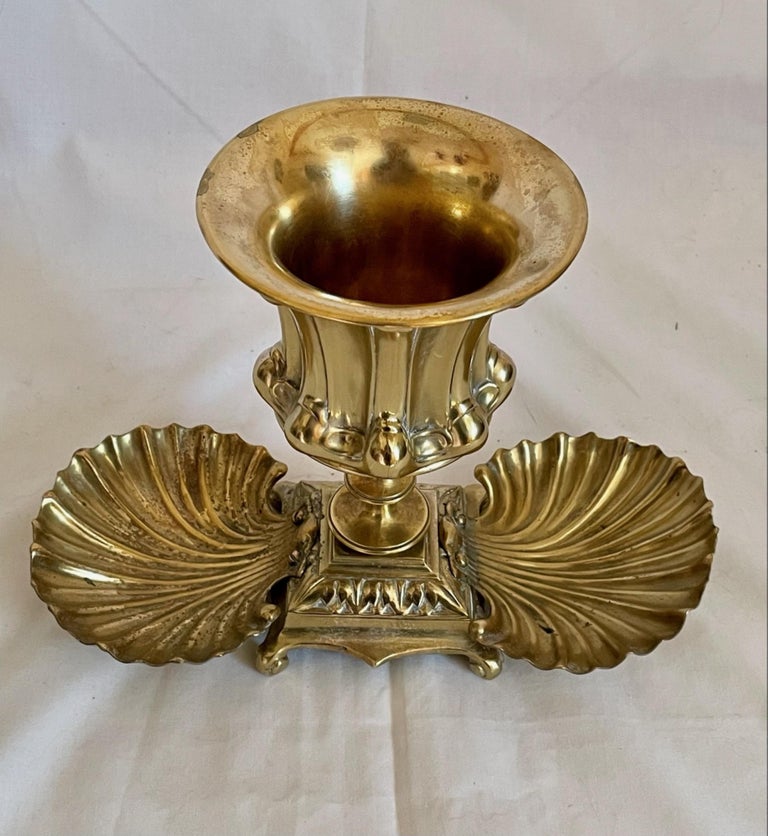 Rare 19th Century French Baroque style brass intinction set, Church Altar ware, Catholic Ecclesiastical Collection. 
This rare and unusual detailed intinction set is from a private ecclesiastical collection. The chalice stands on a square base that
