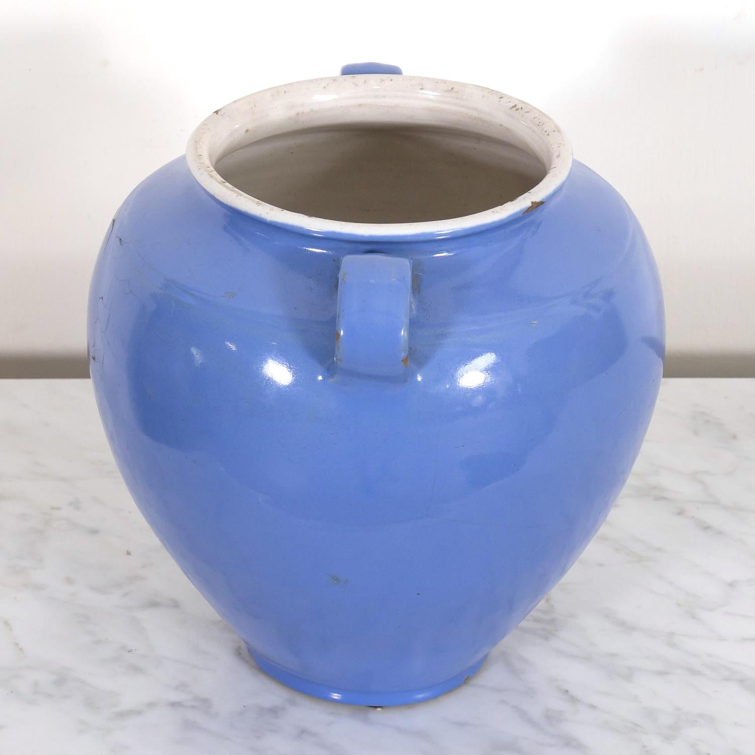Terracotta Rare 19th Century French Confit Pot or Egg Pot with Blue Glaze For Sale