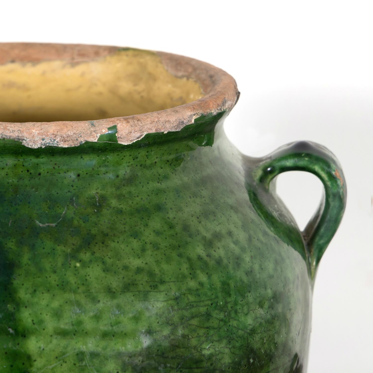 Rare 19th Century French Confit Pot with Dark Green Glaze and Handles 5