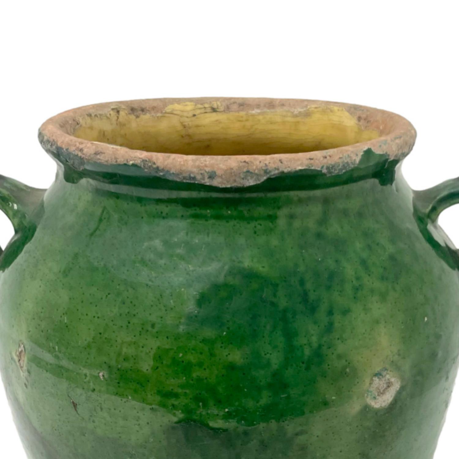 Rare 19th Century French Confit Pot with Dark Green Glaze and Handles 6