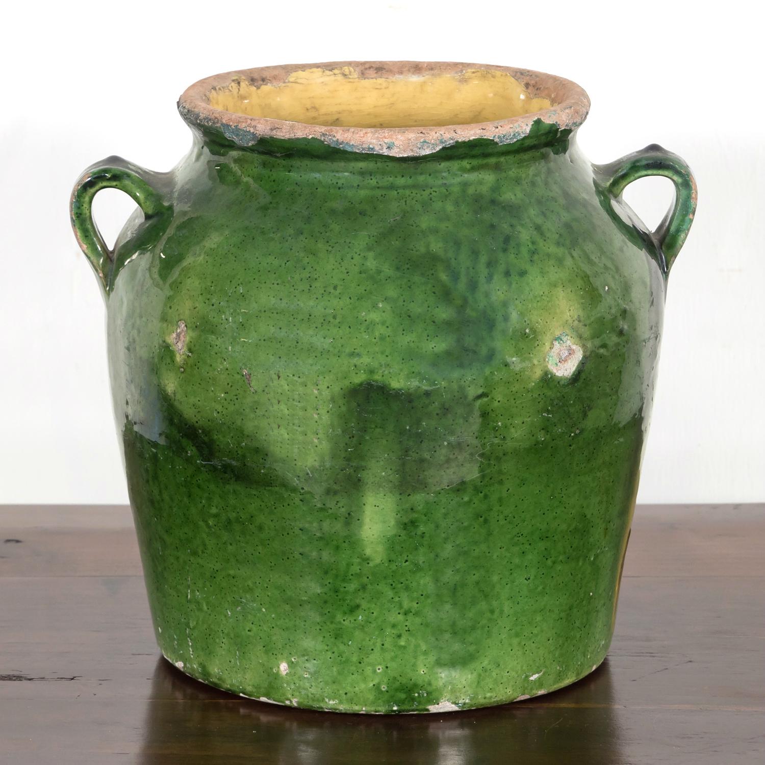 Glazed Rare 19th Century French Confit Pot with Dark Green Glaze and Handles