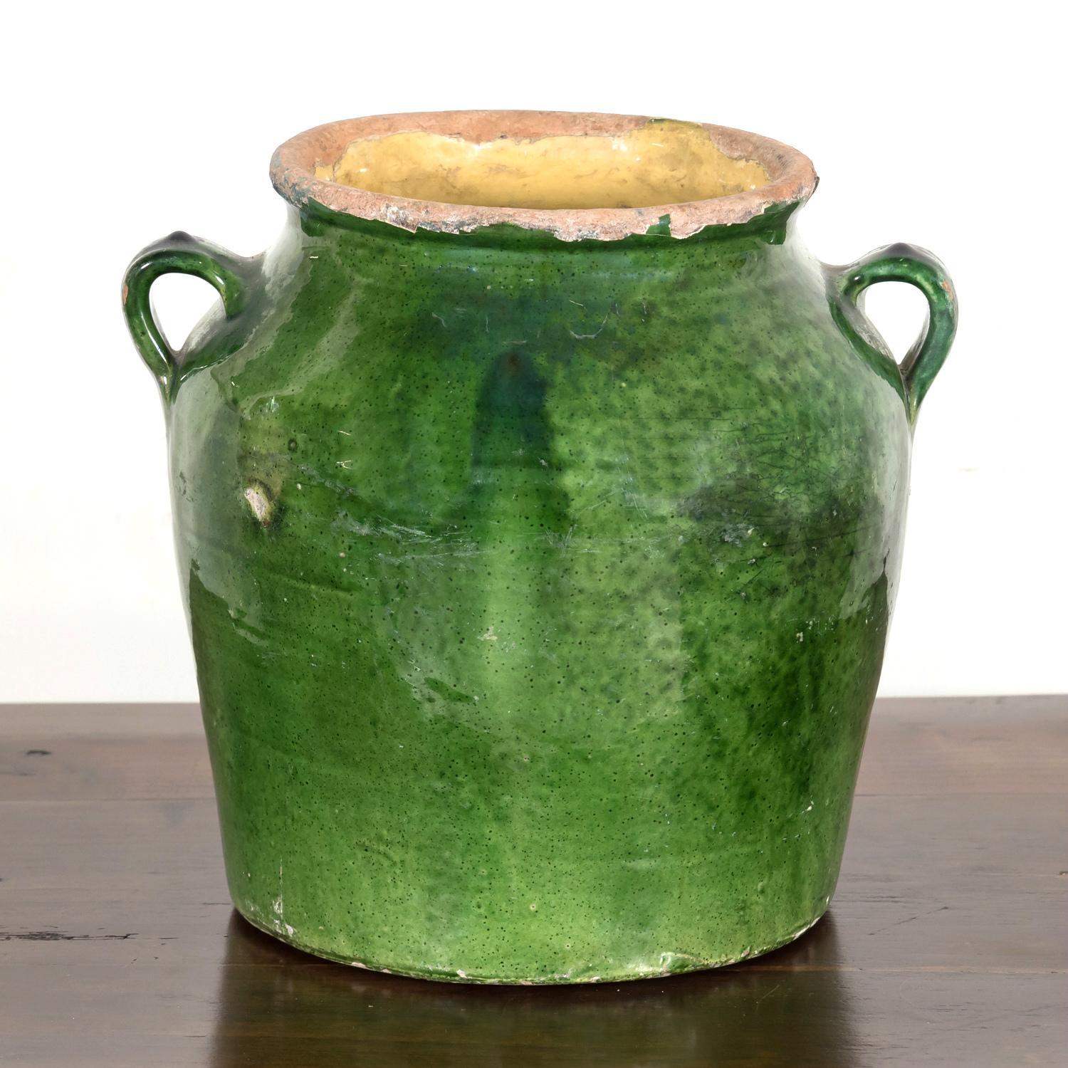 Late 19th Century Rare 19th Century French Confit Pot with Dark Green Glaze and Handles
