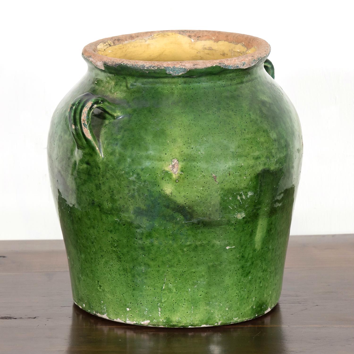 Earthenware Rare 19th Century French Confit Pot with Dark Green Glaze and Handles