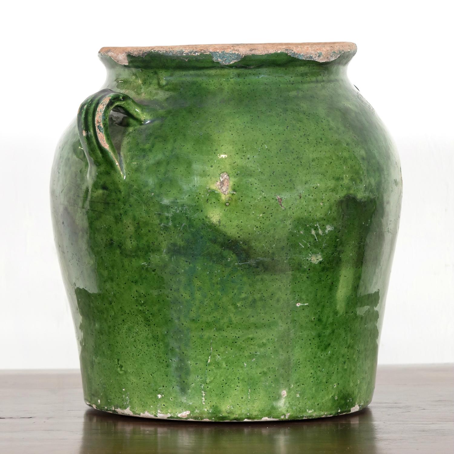 Rare 19th Century French Confit Pot with Dark Green Glaze and Handles 1