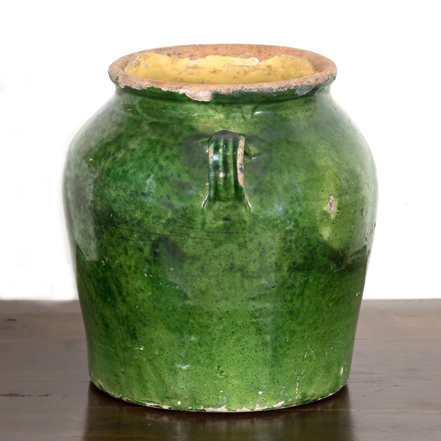 Rare 19th Century French Confit Pot with Dark Green Glaze and Handles 2