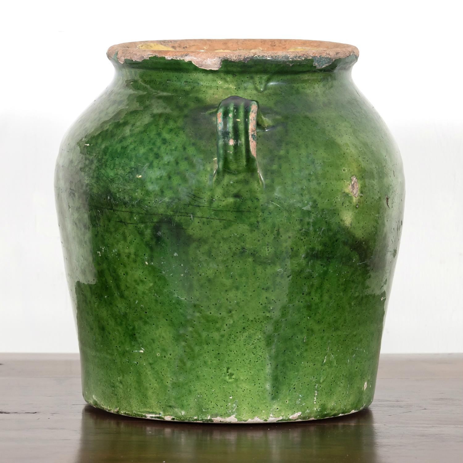 Rare 19th Century French Confit Pot with Dark Green Glaze and Handles 3