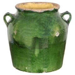 Rare 19th Century French Confit Pot with Dark Green Glaze and Handles