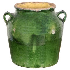 Used Rare 19th Century French Confit Pot with Dark Green Glaze and Handles