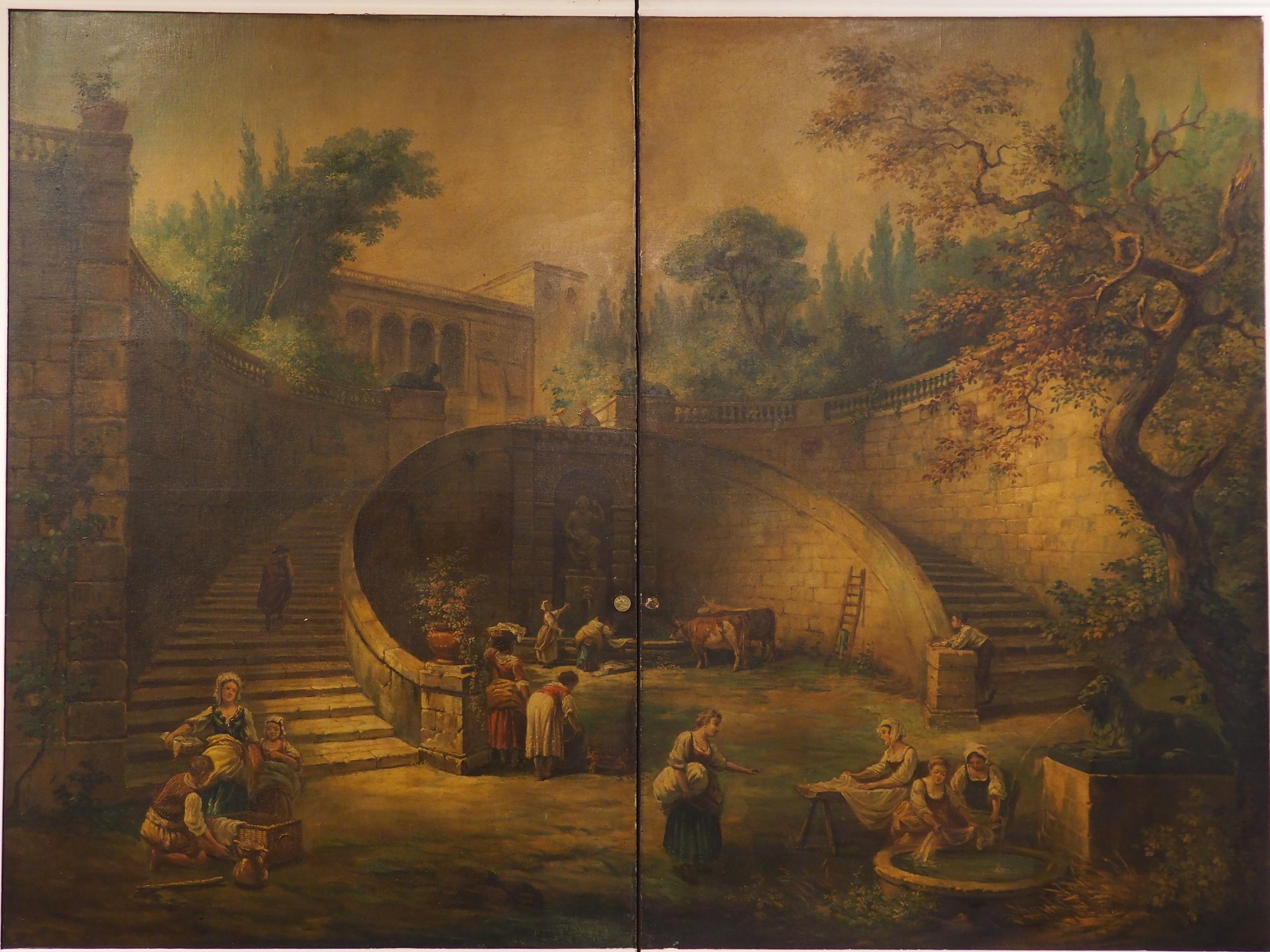 Rare 19th Century French Doors with Capriccio Oil Painting and Chinoiserie Verso For Sale 13