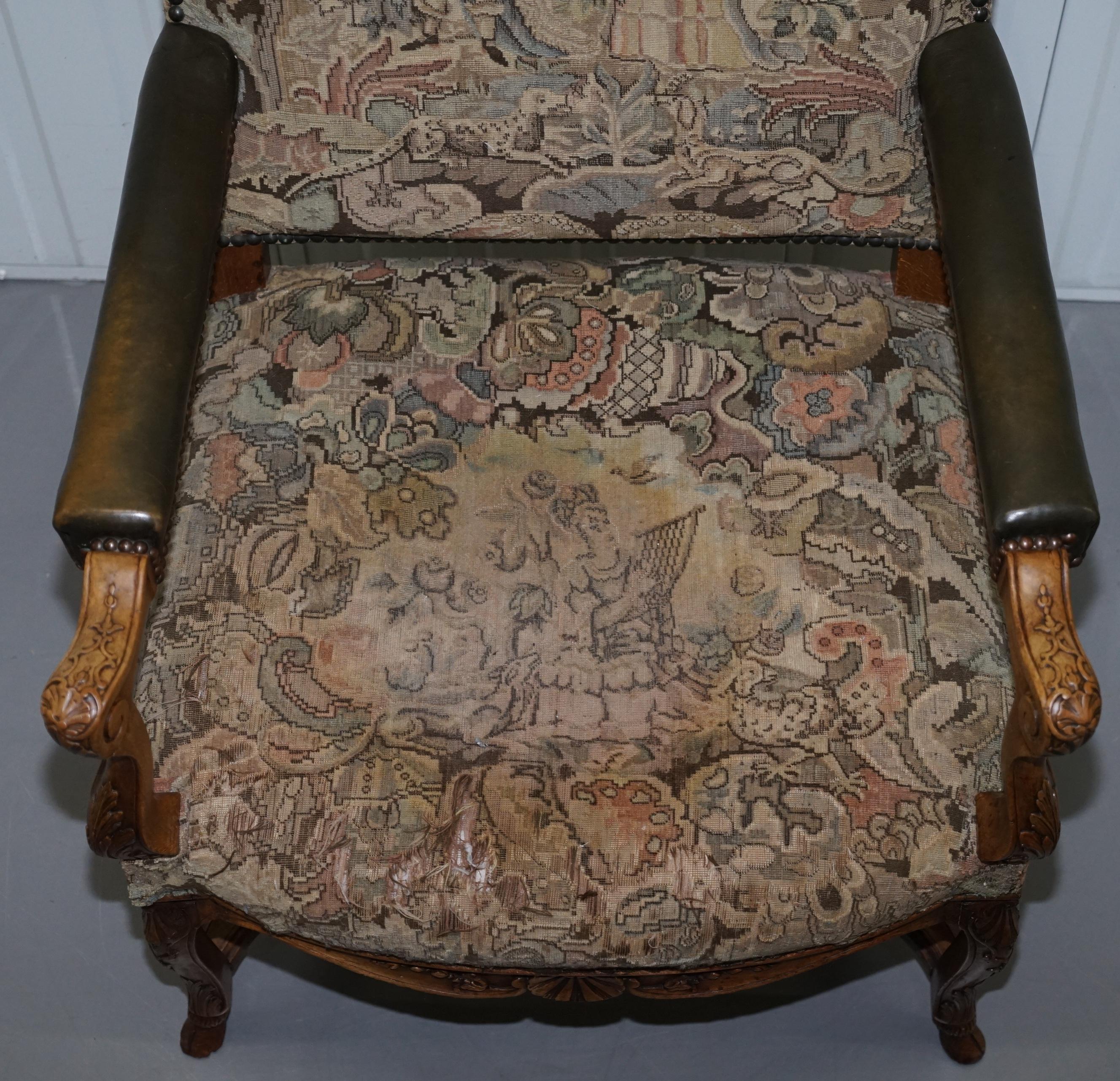 Hand-Crafted Rare 19th Century French Embroidered Armchair Ornately Carved Frame High Back For Sale