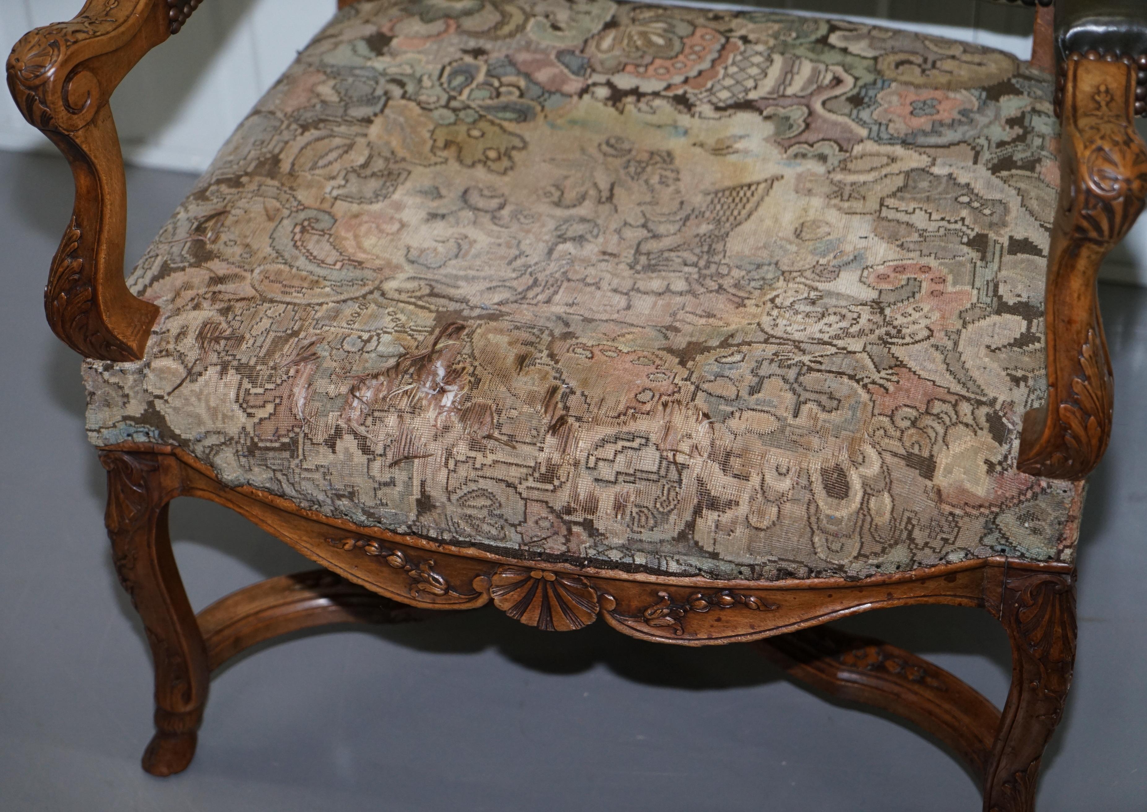 Hand-Crafted Rare 19th Century French Embroidered Armchair Ornately Carved Frame High Back For Sale