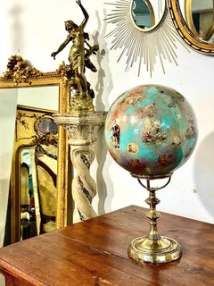Rare 19th Century French Folk Art Decoupage Glass Globe on Brass Stand