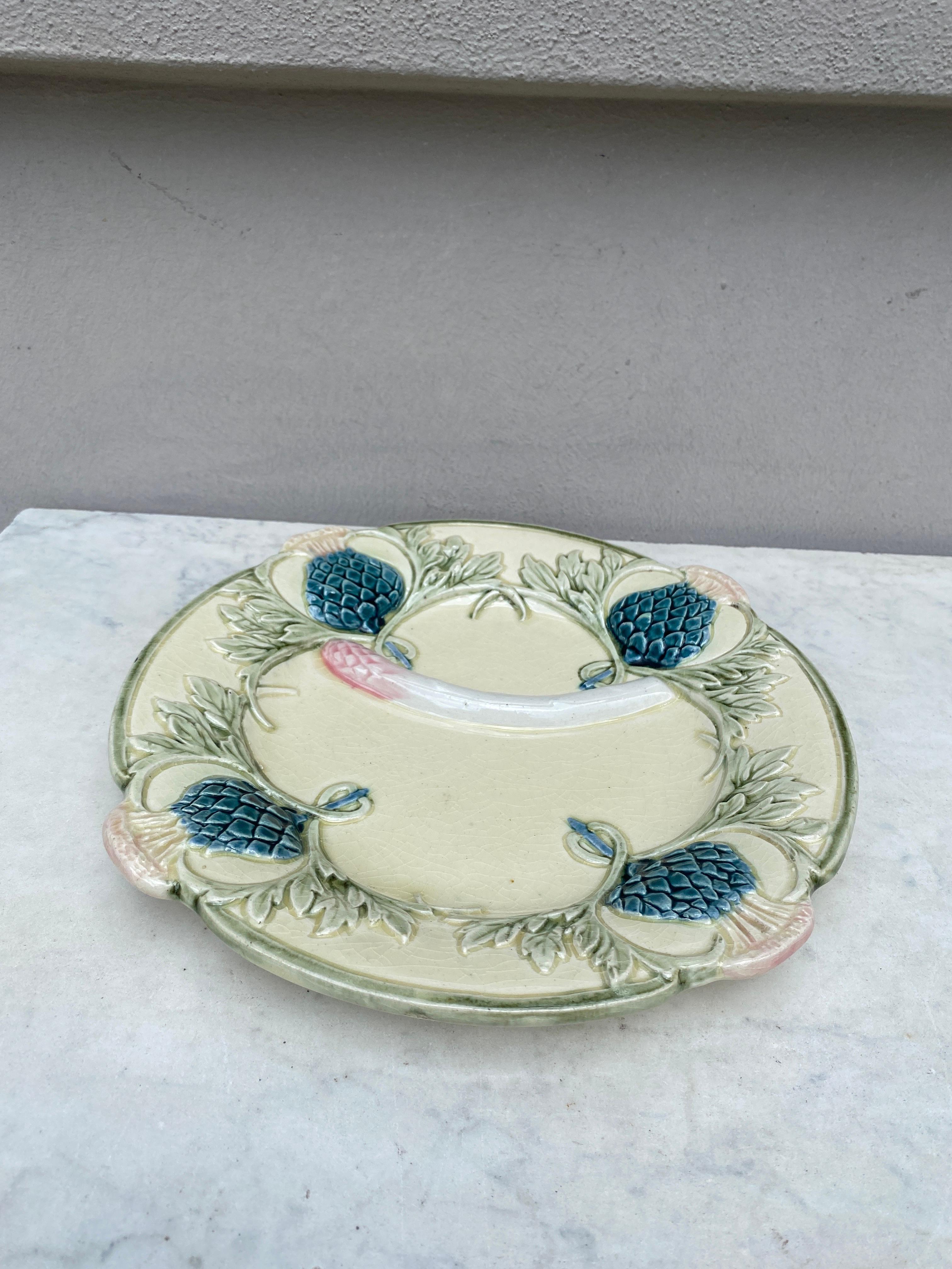 Rare 19th Century French Majolica Artichoke & Asparagus Plate.
 