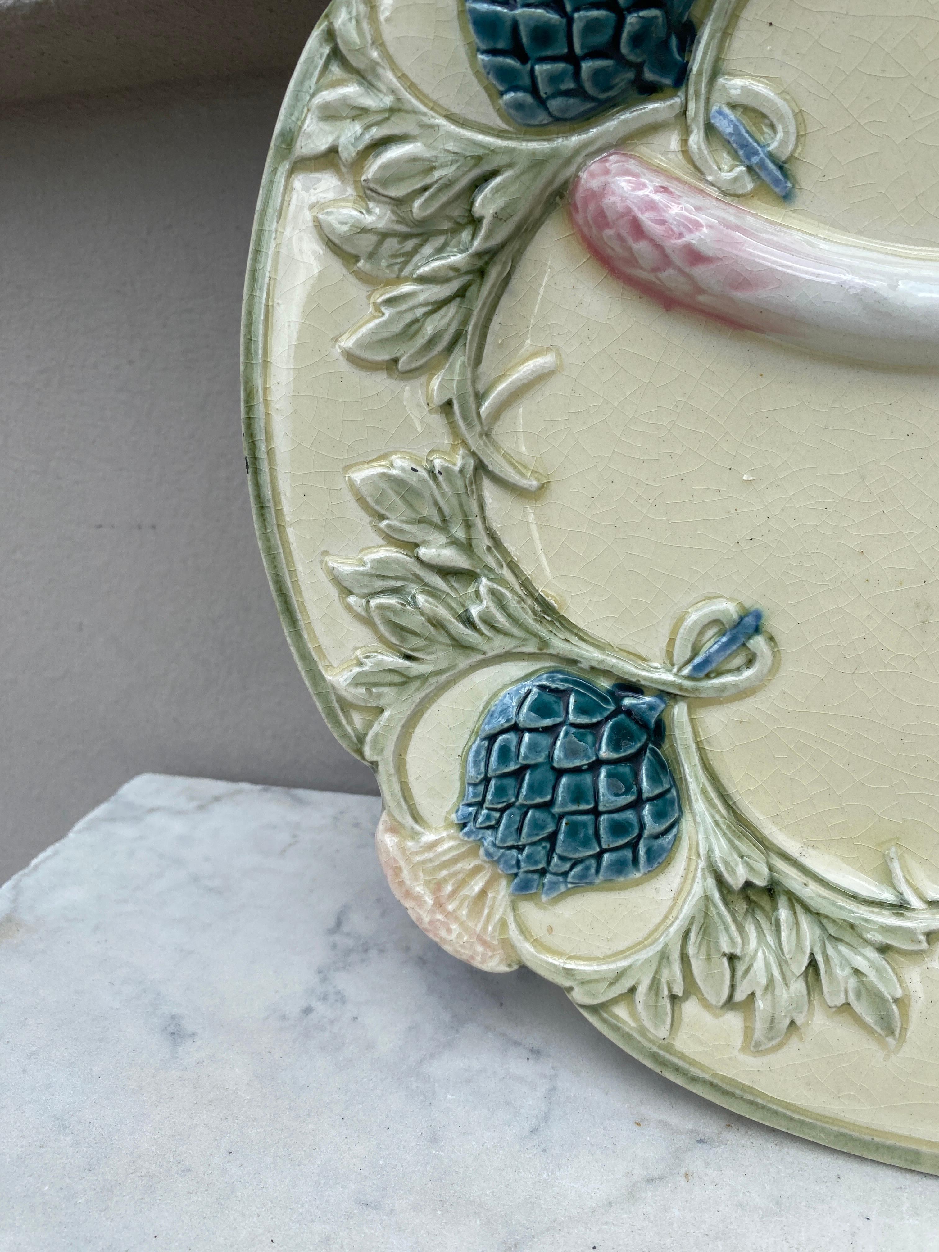 Rustic Rare 19th Century French Majolica Artichoke & Asparagus Plate For Sale