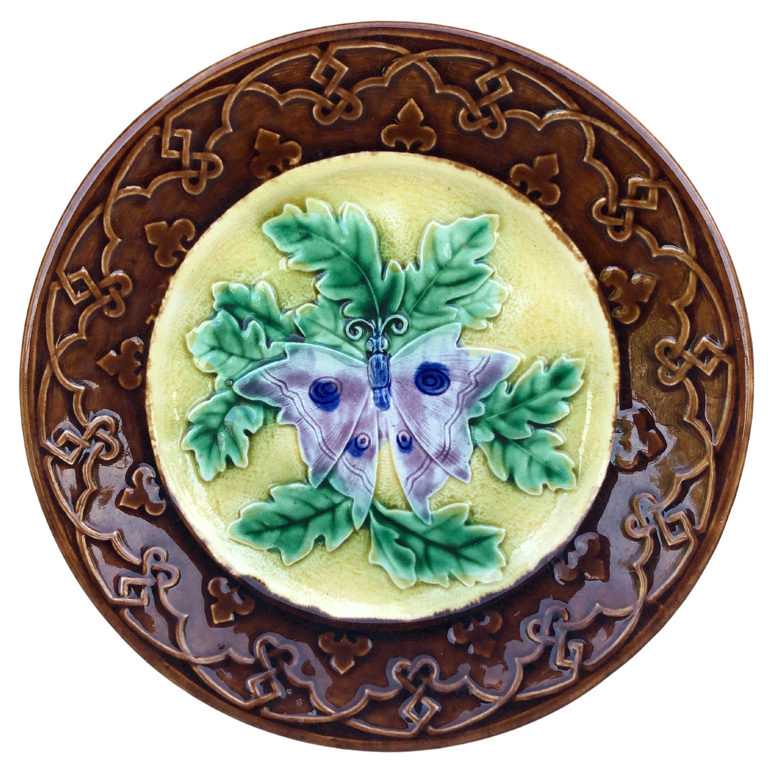 Rare 19th Century French Majolica Butterfly Plate Longchamp For Sale