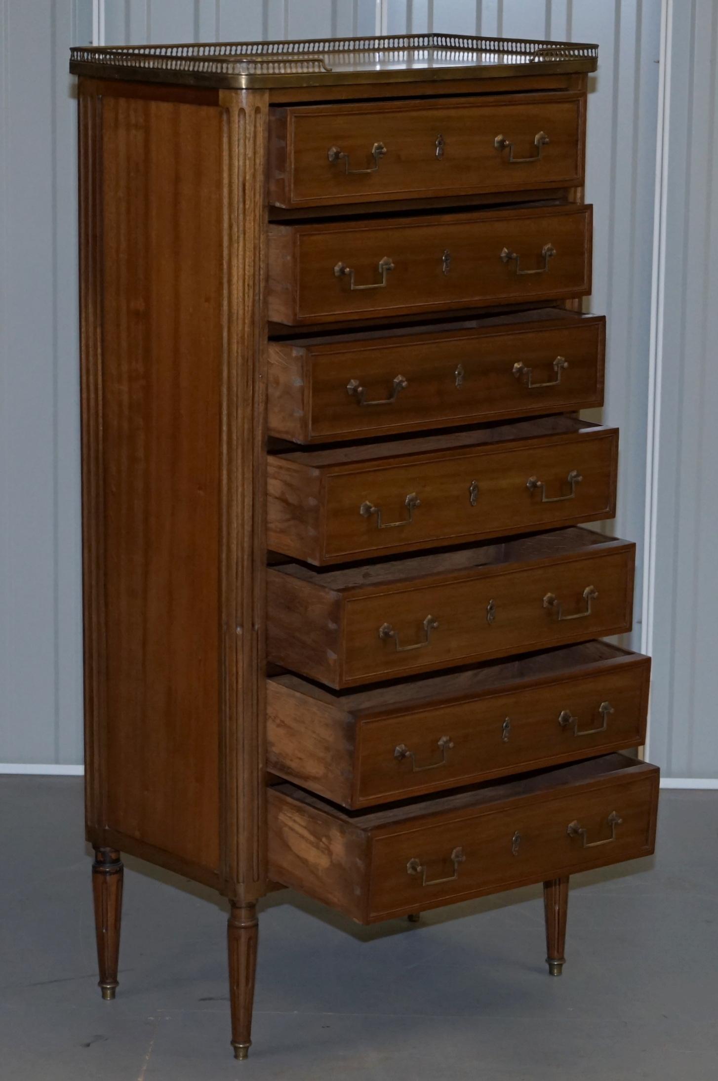 Rare 19th Century French Marble Topped Brass Gallery Semainier Chest of Drawers For Sale 9