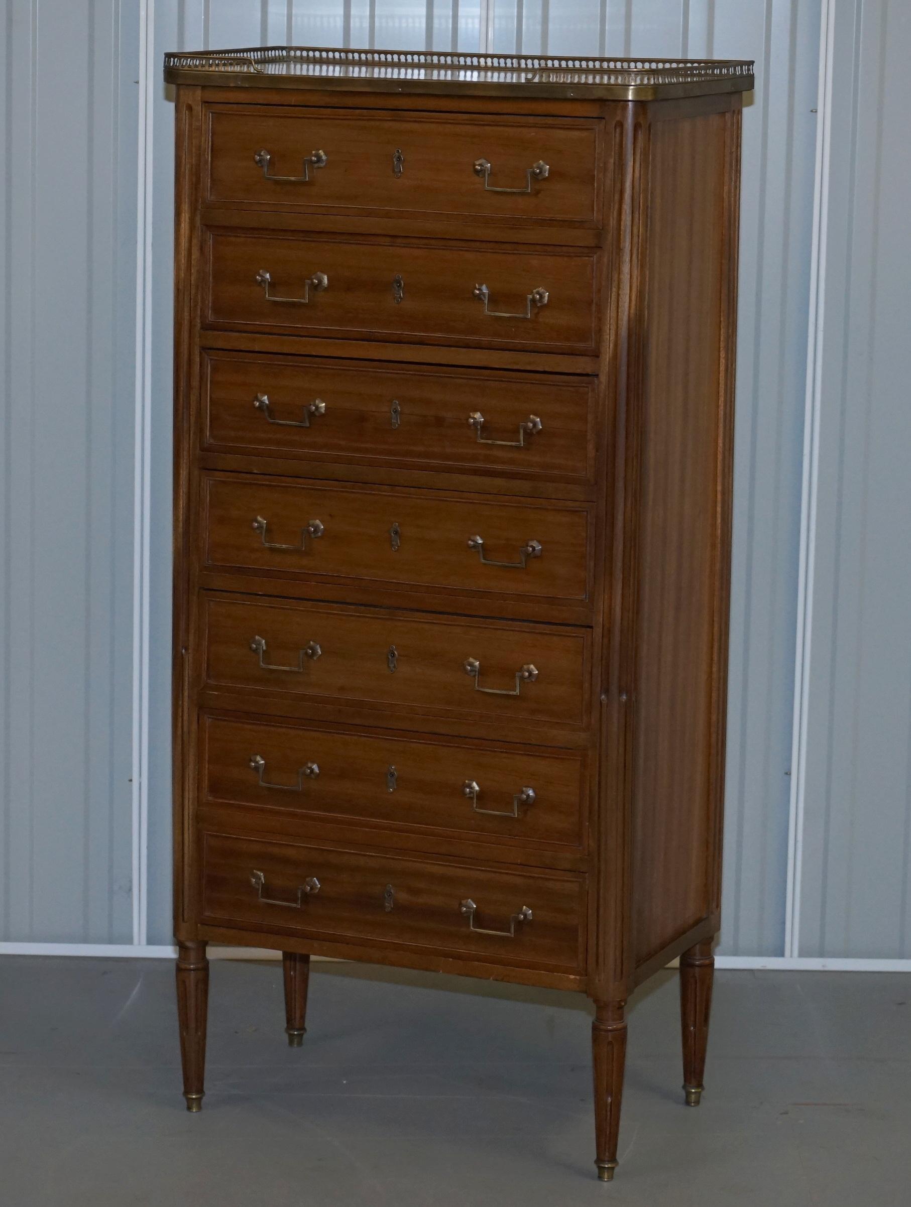 Louis XVI Rare 19th Century French Marble Topped Brass Gallery Semainier Chest of Drawers For Sale