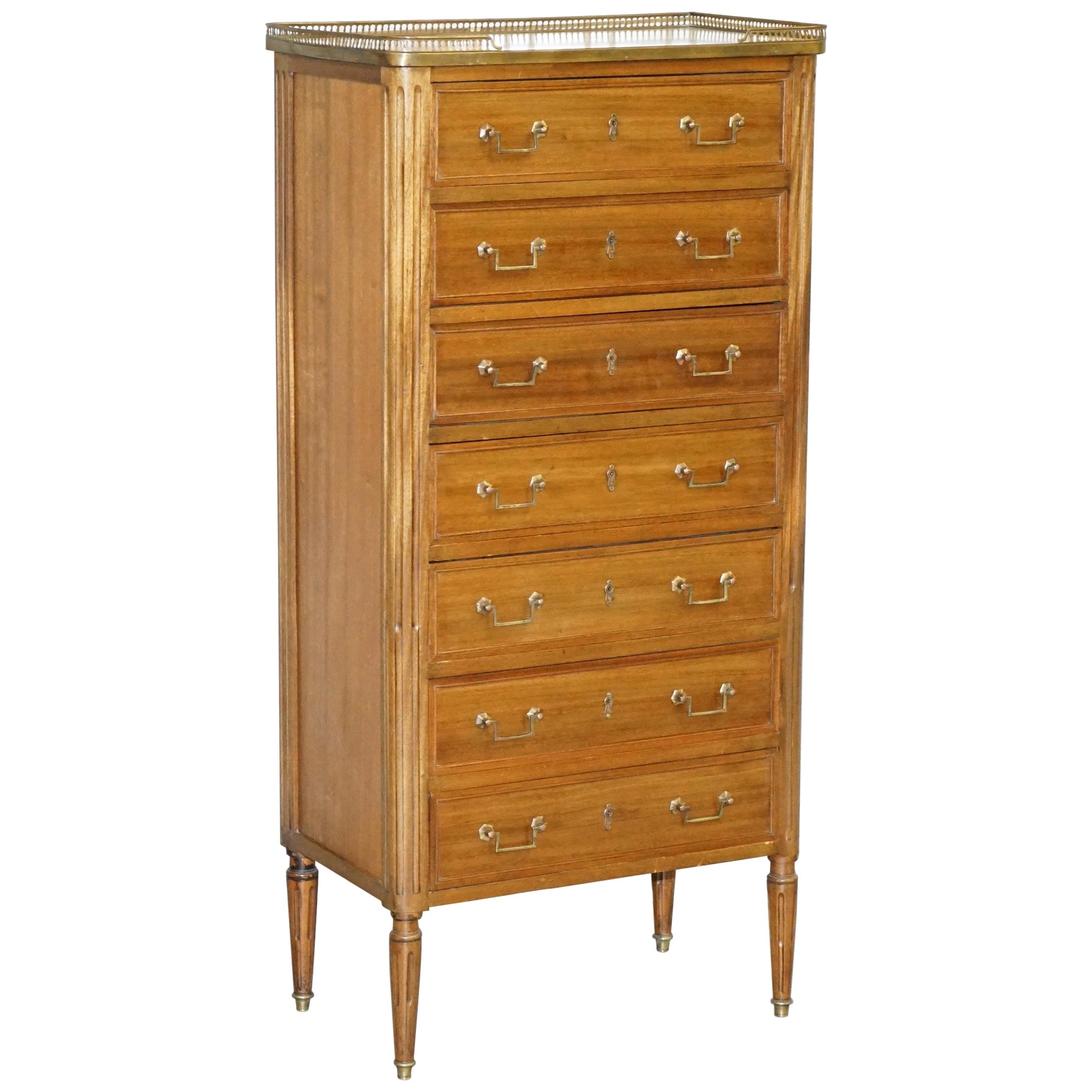 Rare 19th Century French Marble Topped Brass Gallery Semainier Chest of Drawers For Sale
