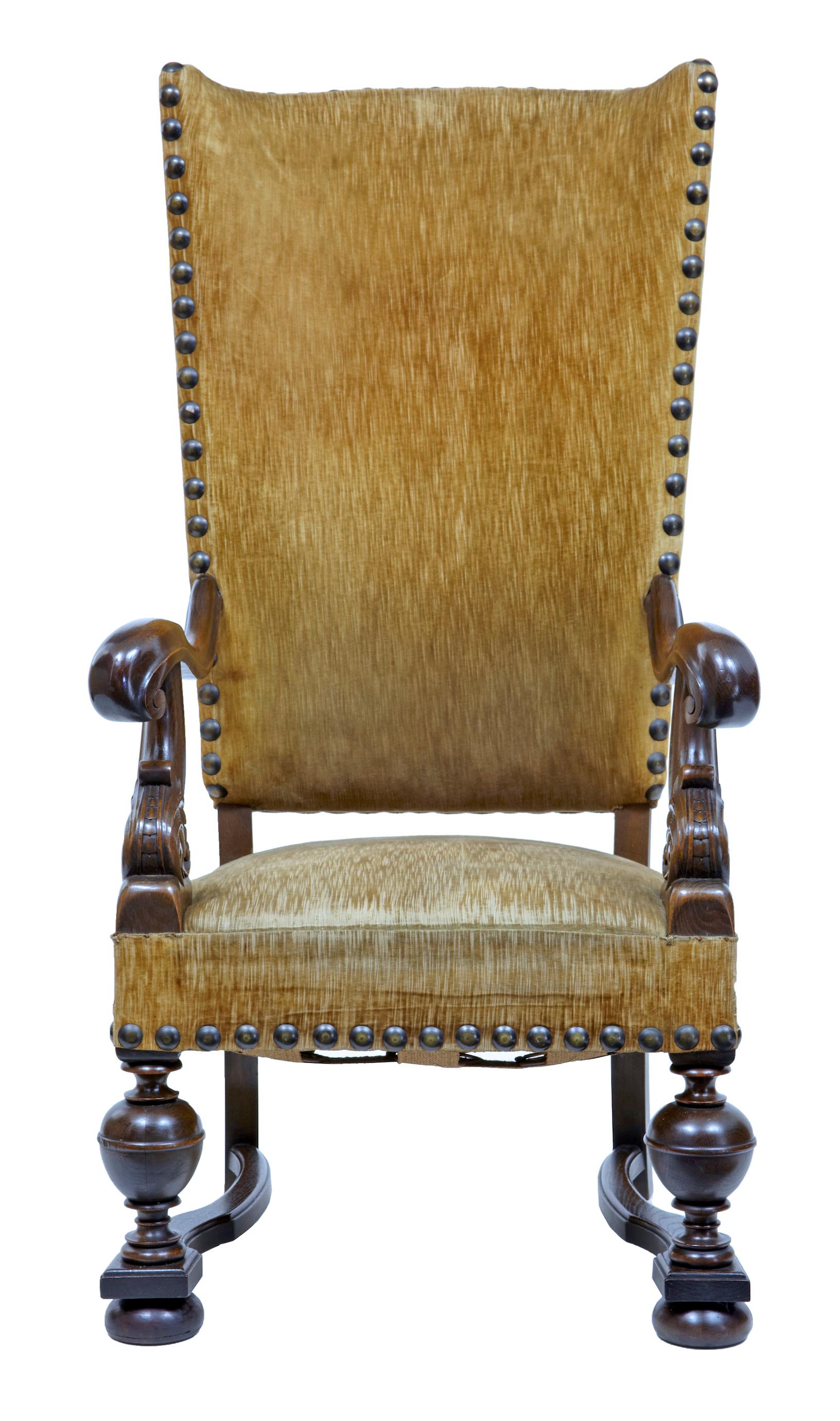 Rare 19th century French oak throne armchair, circa 1880.

Stunning french oak armchair of large proportions. Featuring deep carved and scrolled arms, standing on turned legs and bun feet. Upholstery ideal candidate for re-covering but in useable