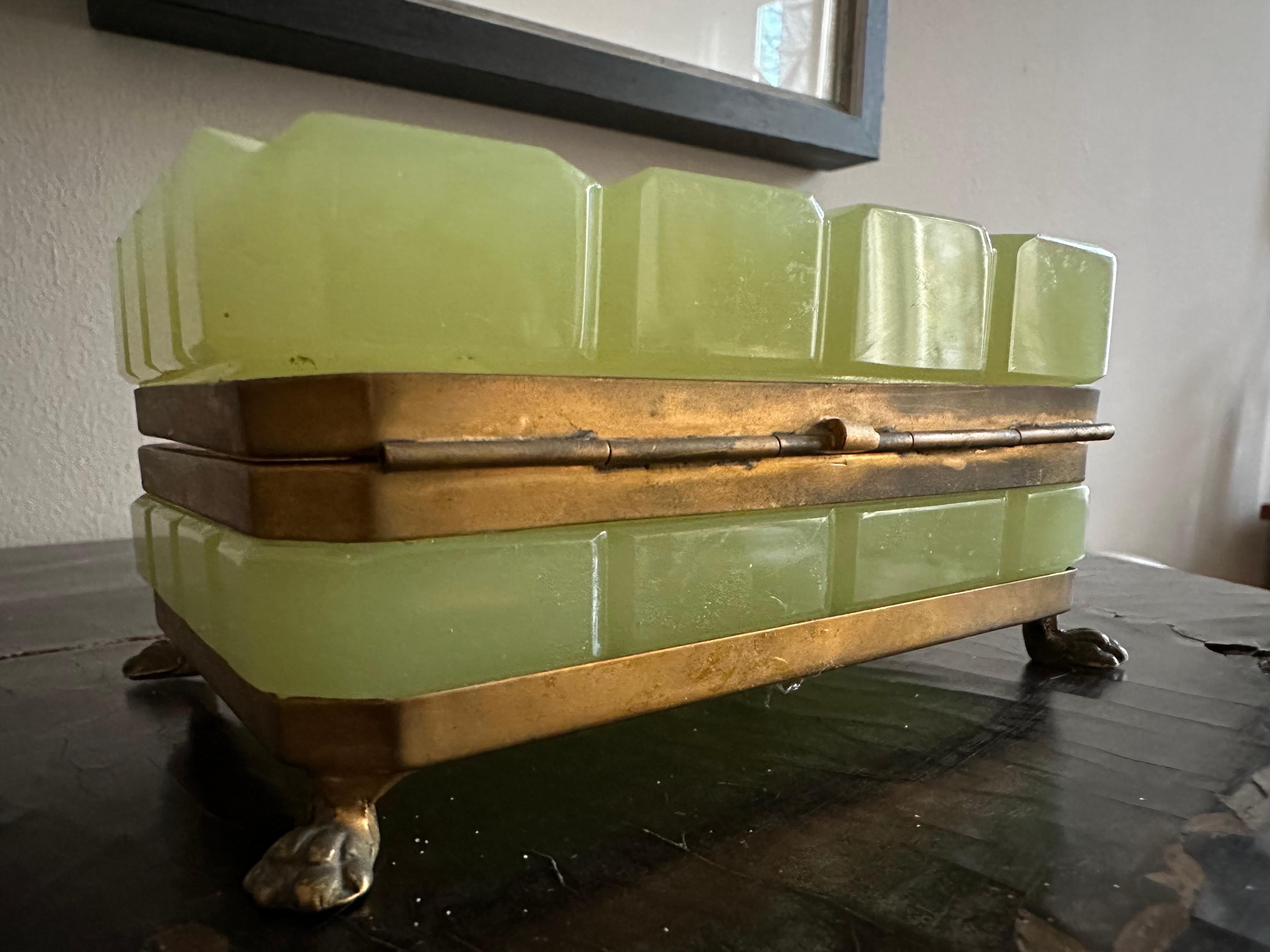 Brass Rare 19th Century French Opaline Glass Trinket Box – Pistachio Green For Sale