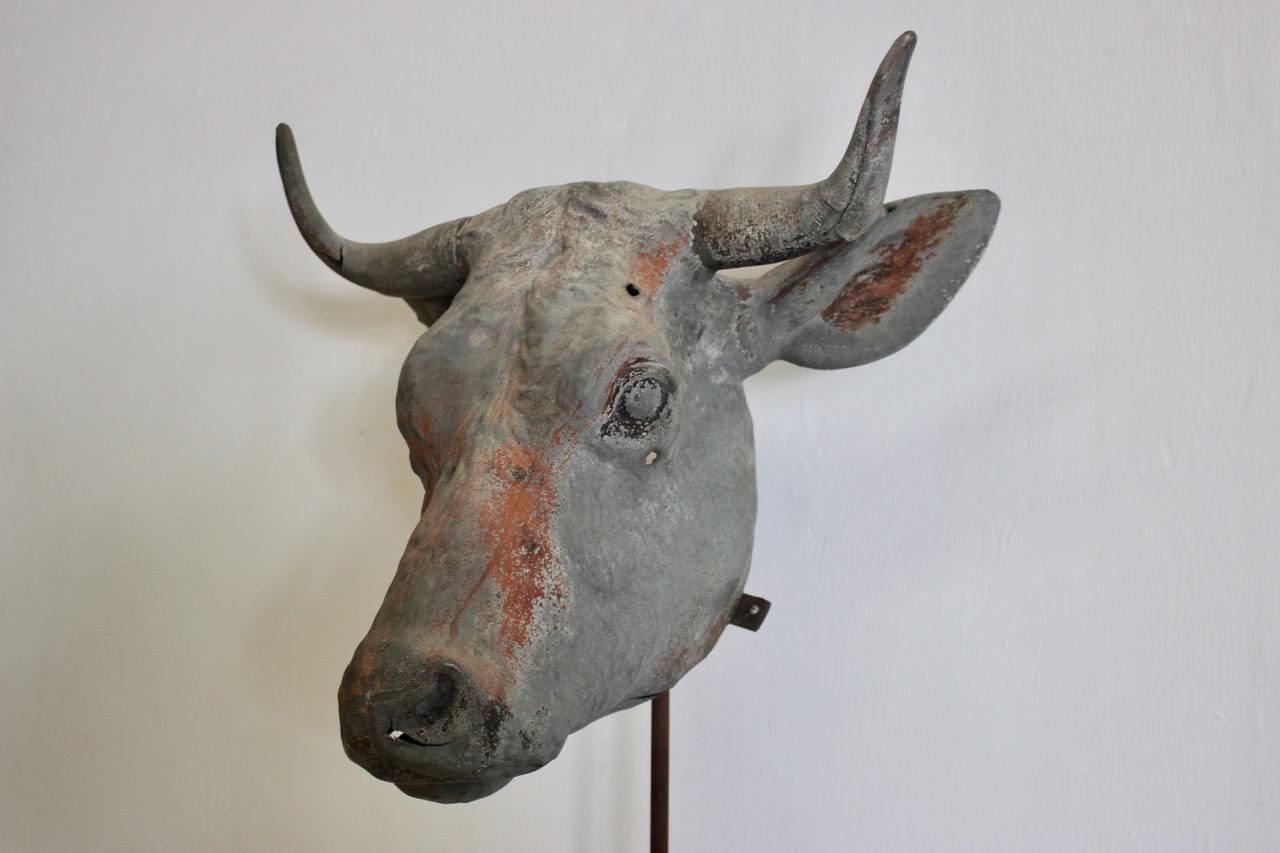 A very rare French zinc bulls head from a butchers shop, retaining some of the original paint, newly mounted by us. This is one of the largest we have seen of its type.