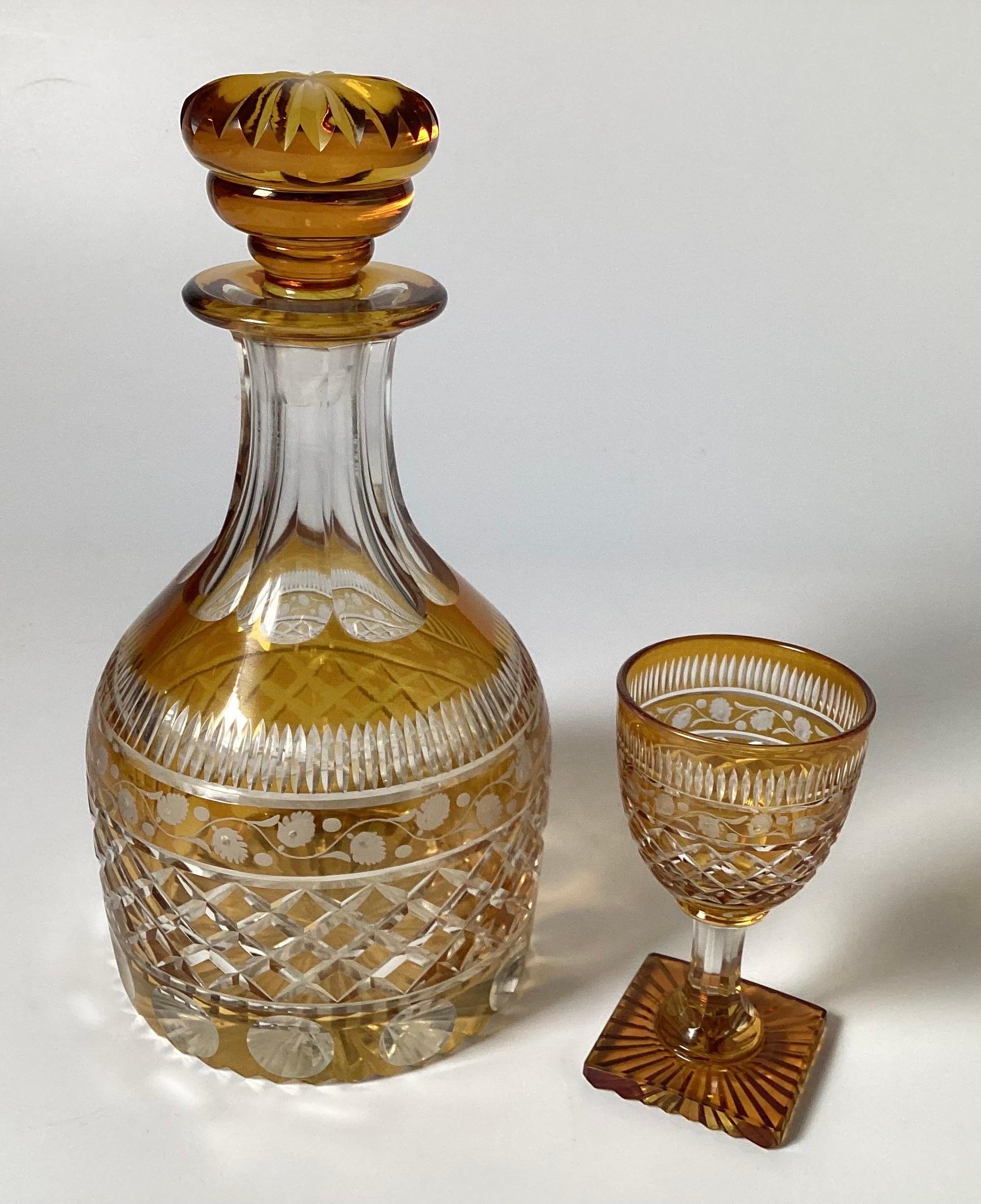 Rare 19th Century Georgian Amber Cut to Clear Decanter with 10 Stems  In Good Condition In Lambertville, NJ