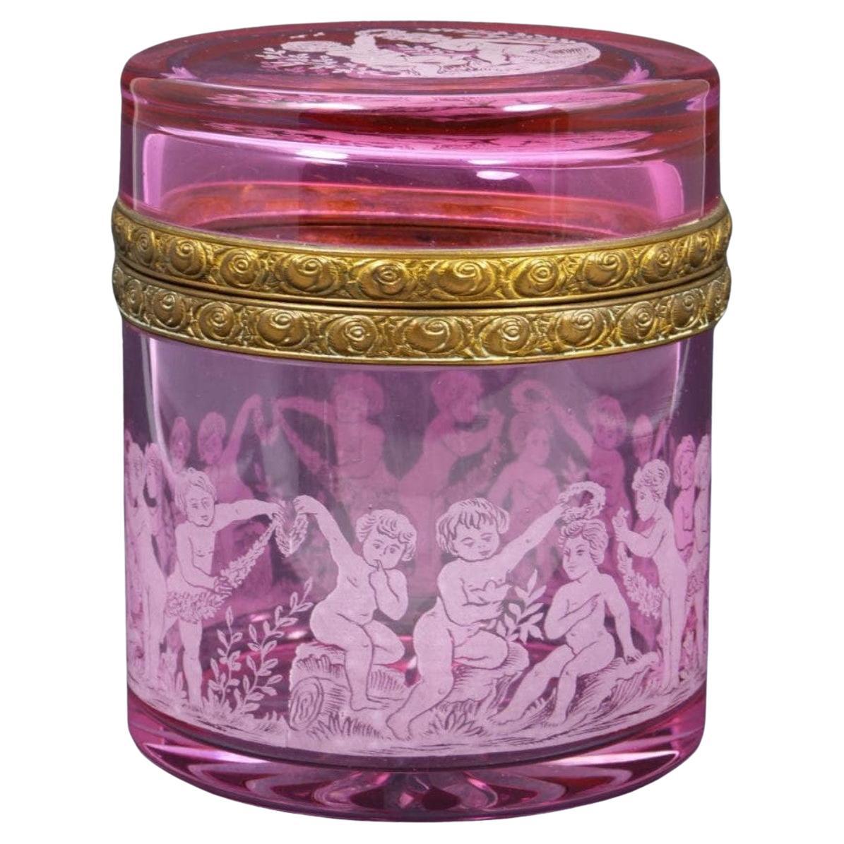  Rare 19th Century Gorgeous French Red Cranberry Glass Box adorned with Children For Sale