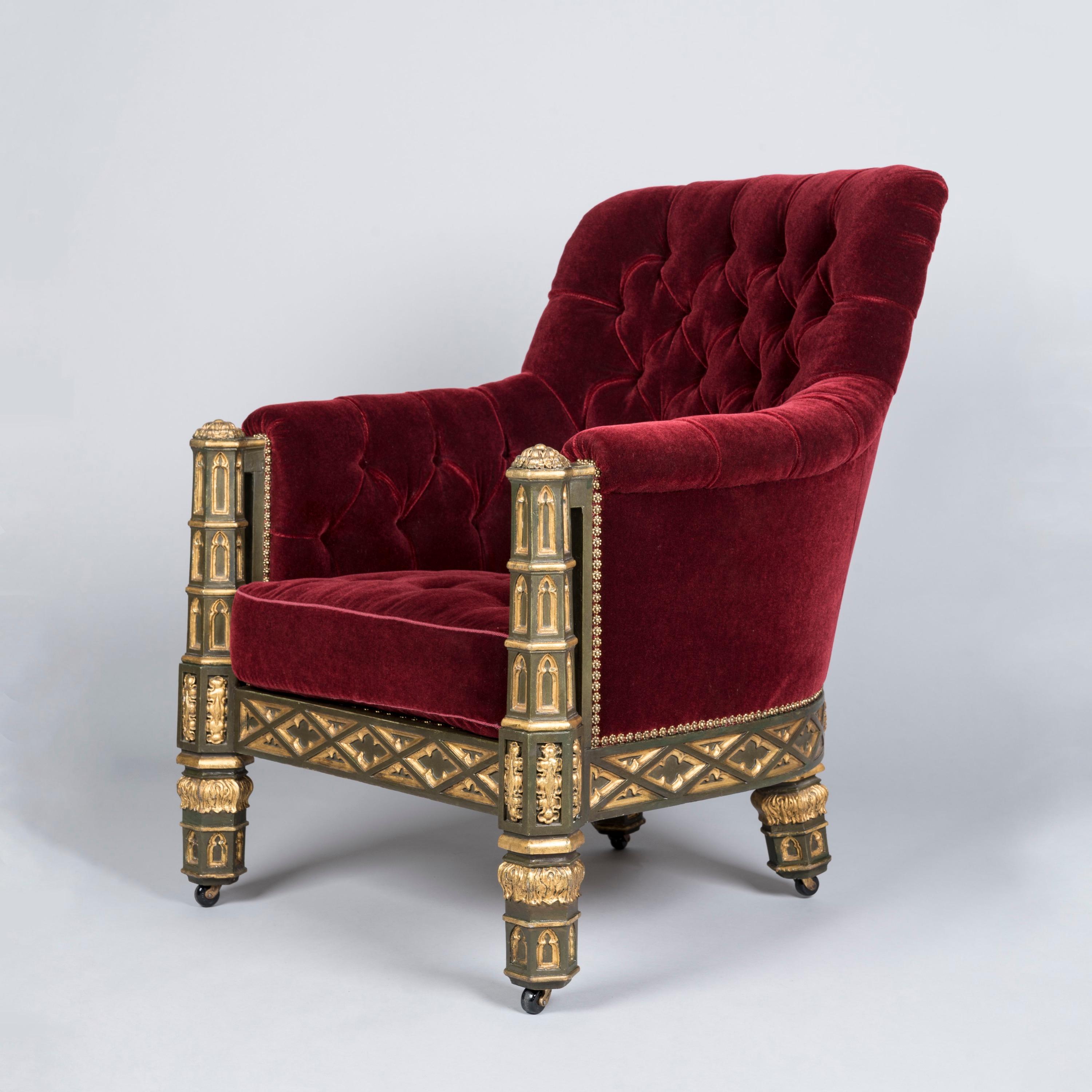 A Splendid Gothic Revival Armchair 
Of the Regency Period

By Gillows of Lancaster

Designed by William Porden 
For Eaton Hall, Cheshire

The finish parcel gilded and painted throughout, the chair stands on four legs, each wrapped with carved