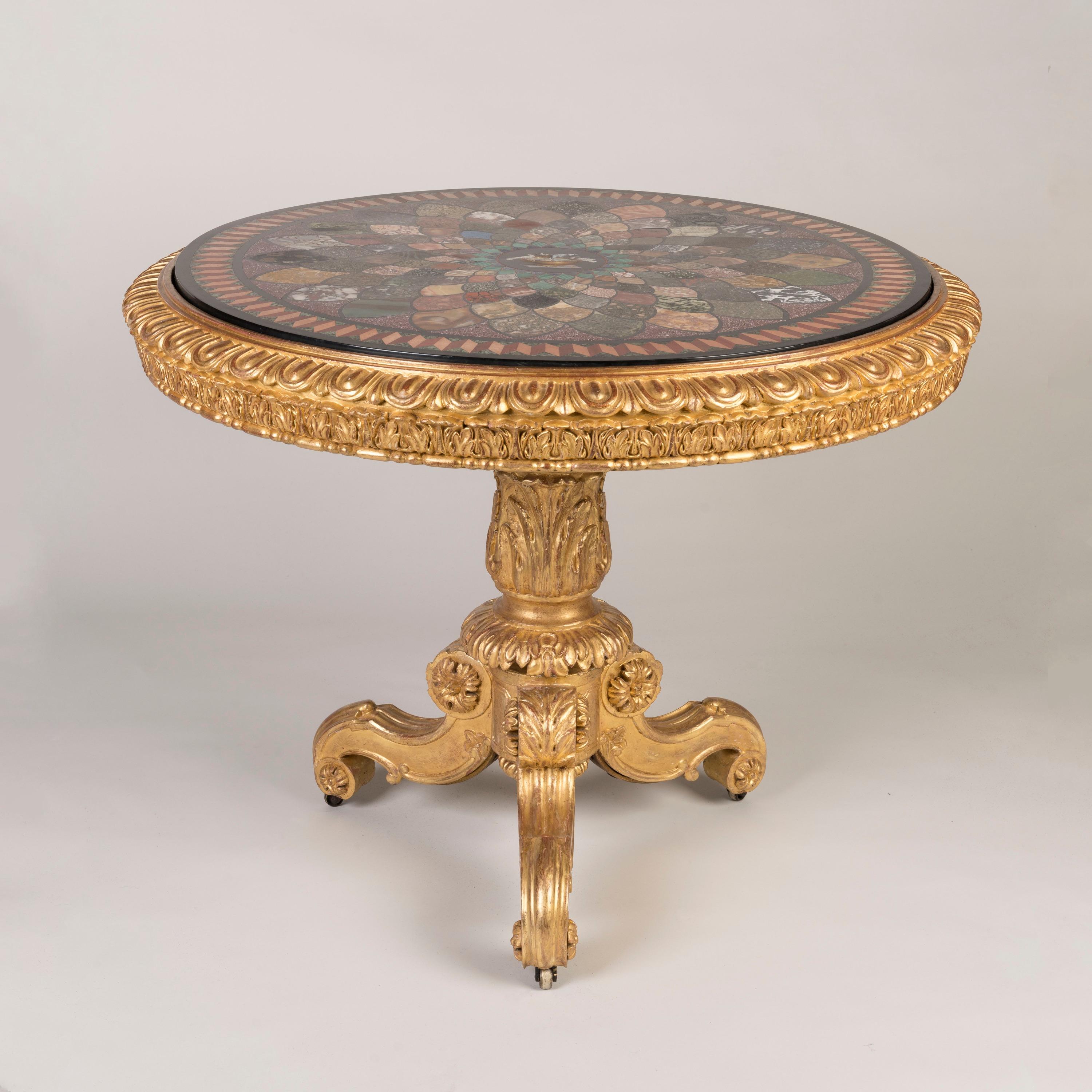 A superb Specimen marble centre table
The Top attributed to Alfonso Cavamelli of Rome

Inspired by the Roman mosaics discovered at the Palatine's Palace of the Ceasars, the circular top is made up from a host of rare marbles & semi-precious