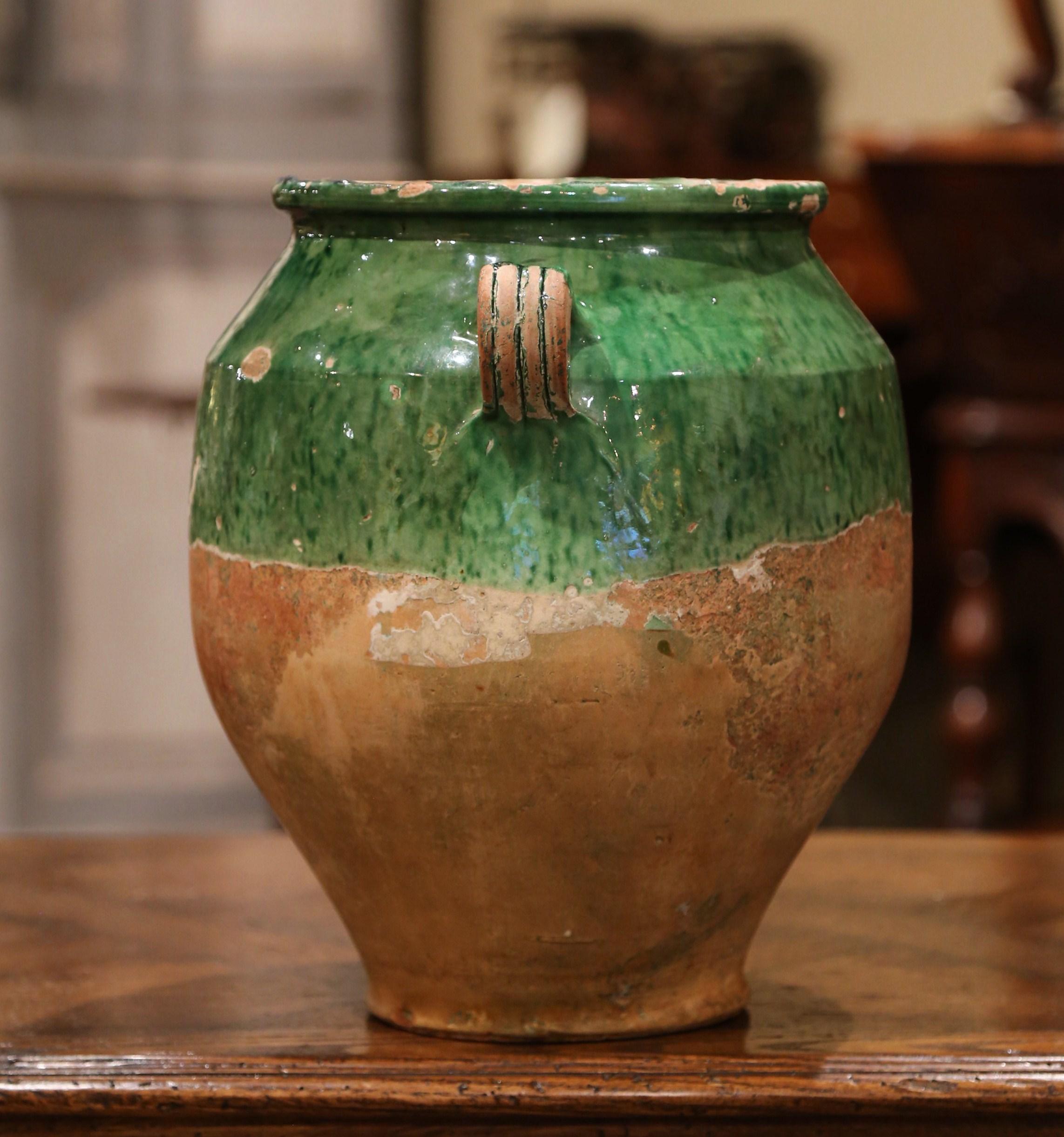 19th Century French Green Glazed Pottery Confit Pot from the Perigord In Excellent Condition In Dallas, TX