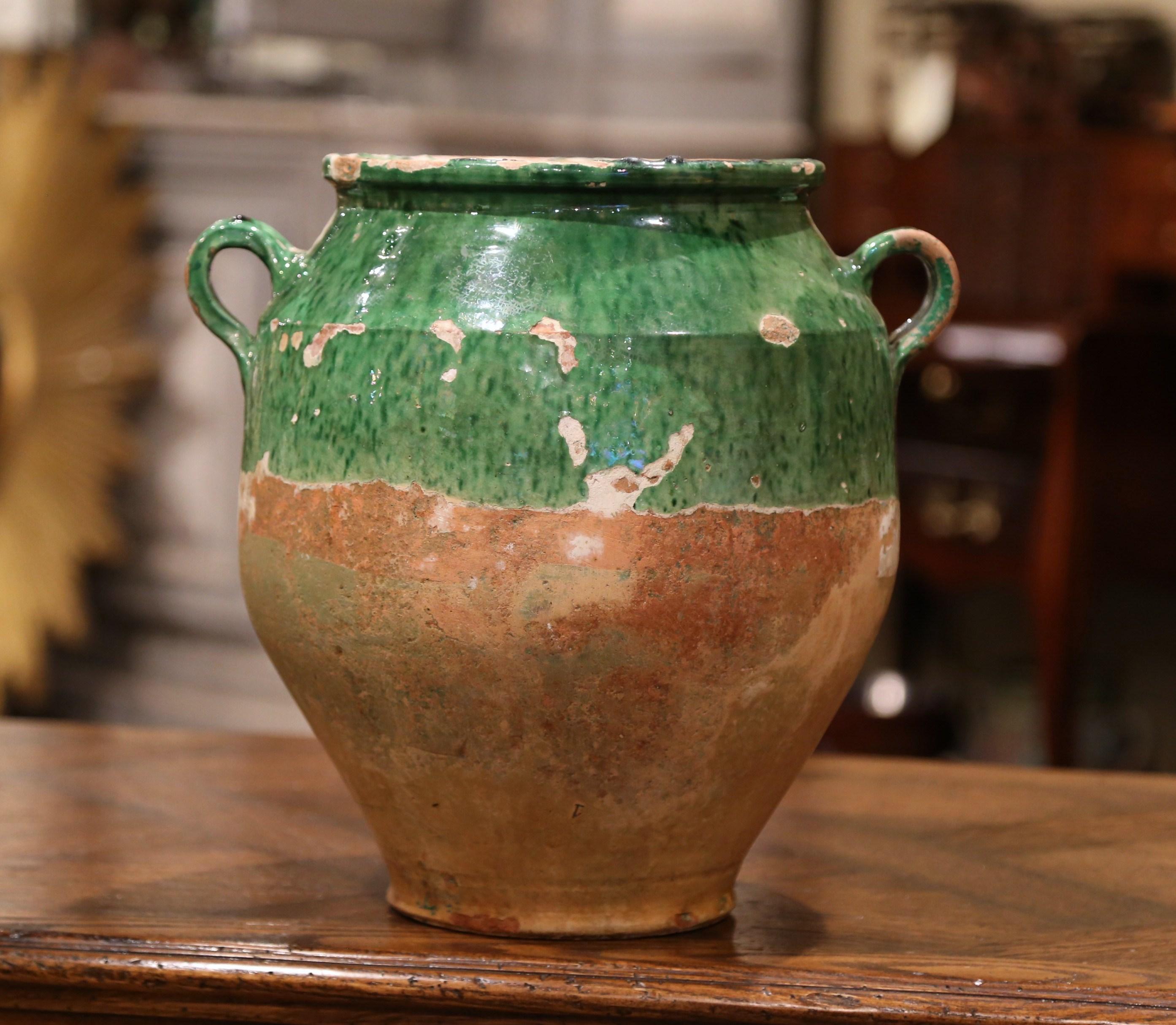 Earthenware 19th Century French Green Glazed Pottery Confit Pot from the Perigord