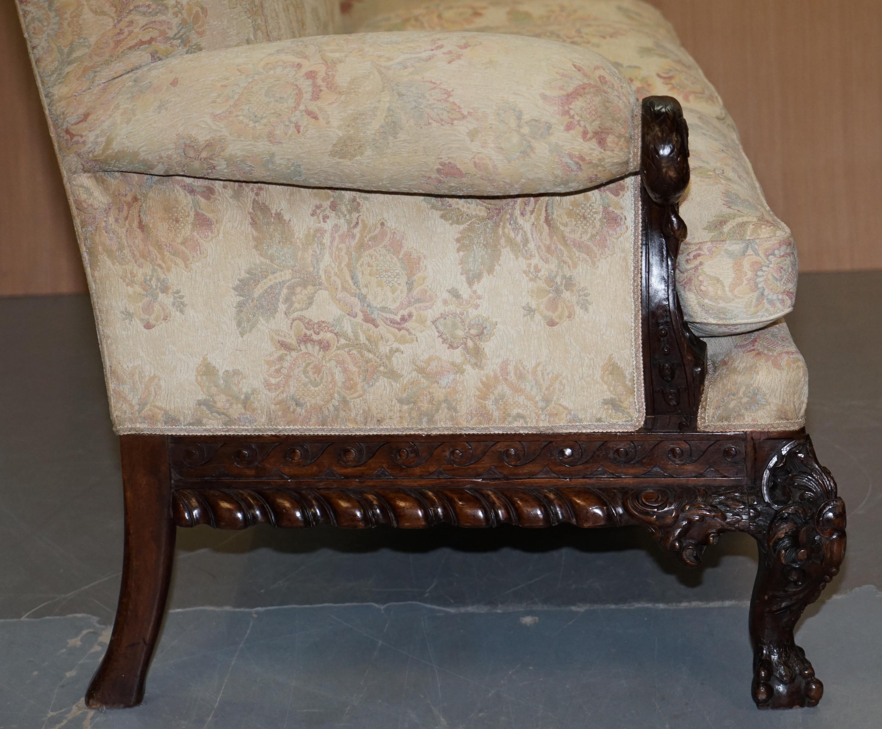 Rare 19th Century Hand Carved Hardwood Hawk Claw & Ball Feet Library Study Sofa For Sale 6