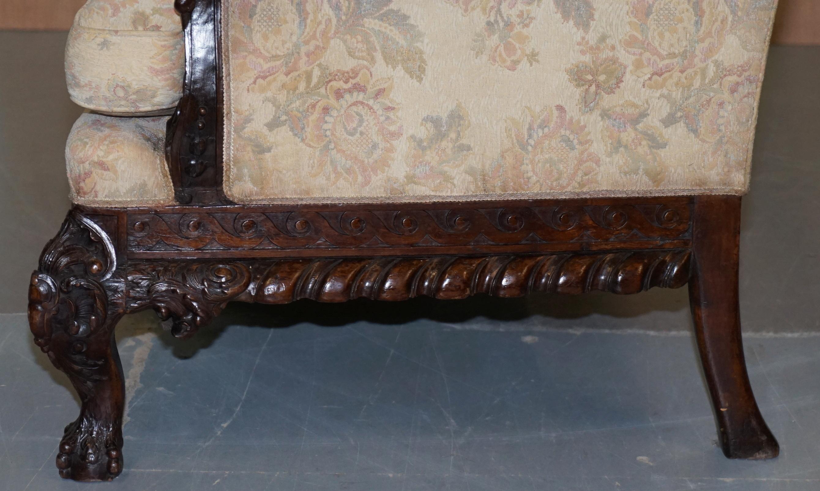 Rare 19th Century Hand Carved Hardwood Hawk Claw & Ball Feet Library Study Sofa For Sale 10