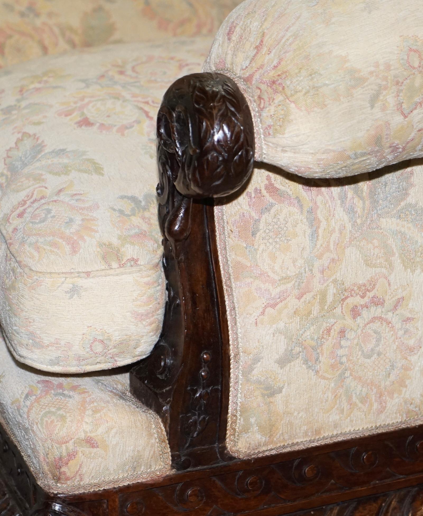 Rare 19th Century Hand Carved Hardwood Hawk Claw & Ball Feet Library Study Sofa For Sale 11