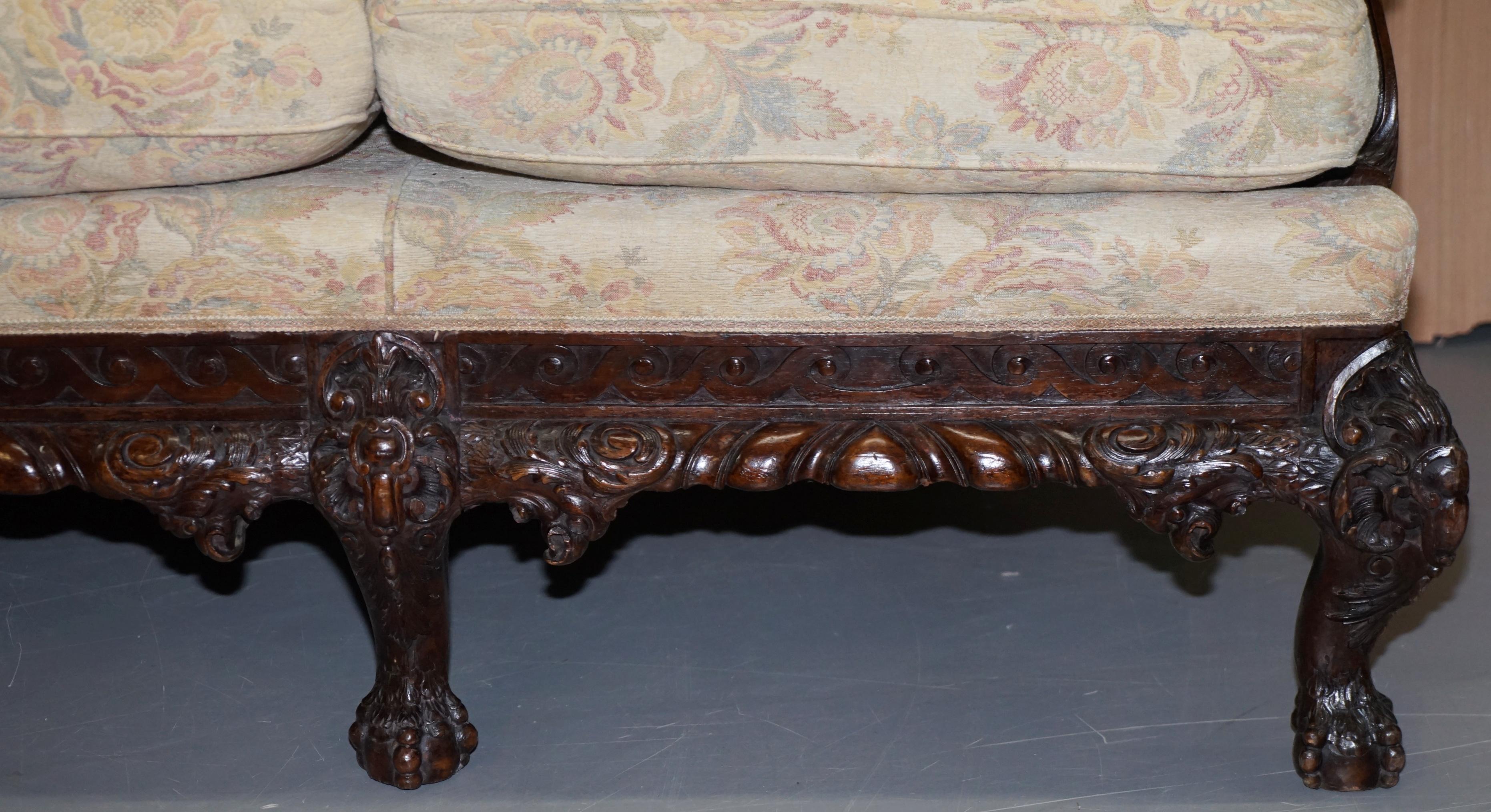 Victorian Rare 19th Century Hand Carved Hardwood Hawk Claw & Ball Feet Library Study Sofa For Sale