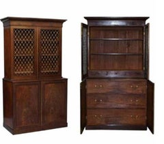 RARE 19TH CENTURY HARDWOOD PIERCED BRONZED DOOR BOOKCASE WiTH CHEST OF DRAWERS