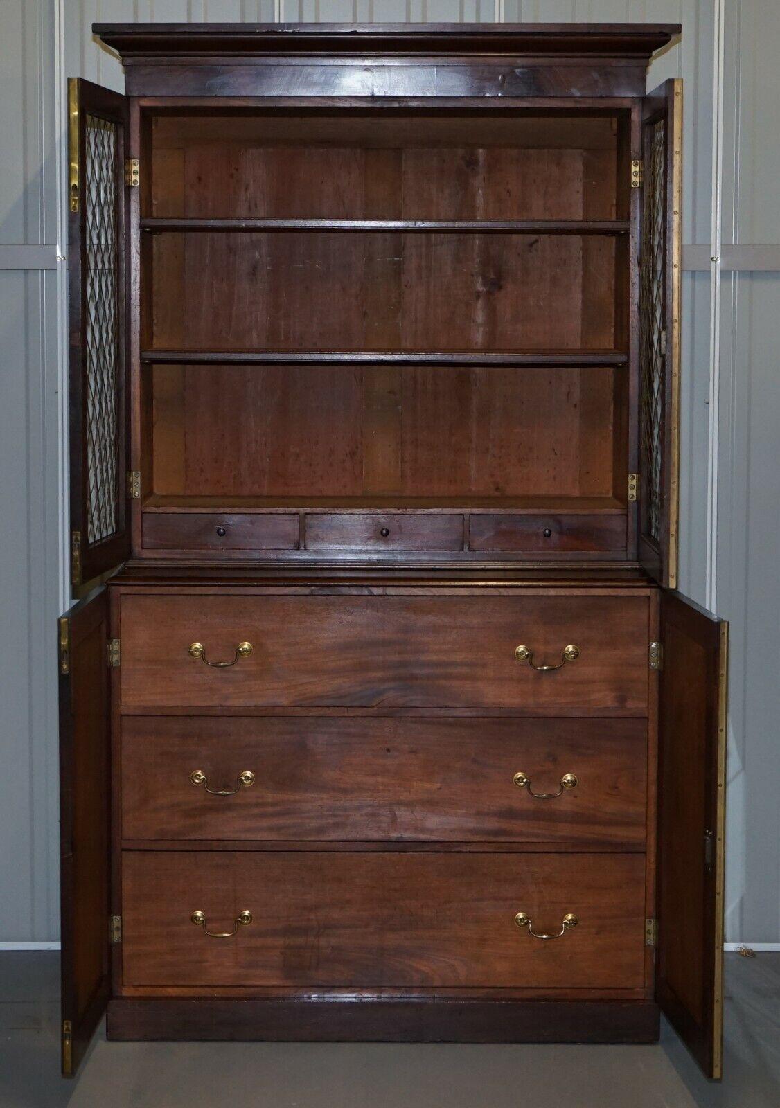 RARE 19TH CENTURY HARDWOOD PIERCED BRONZED DOOR BOOKCASE WiTH CHEST OF DRAWERS For Sale 1