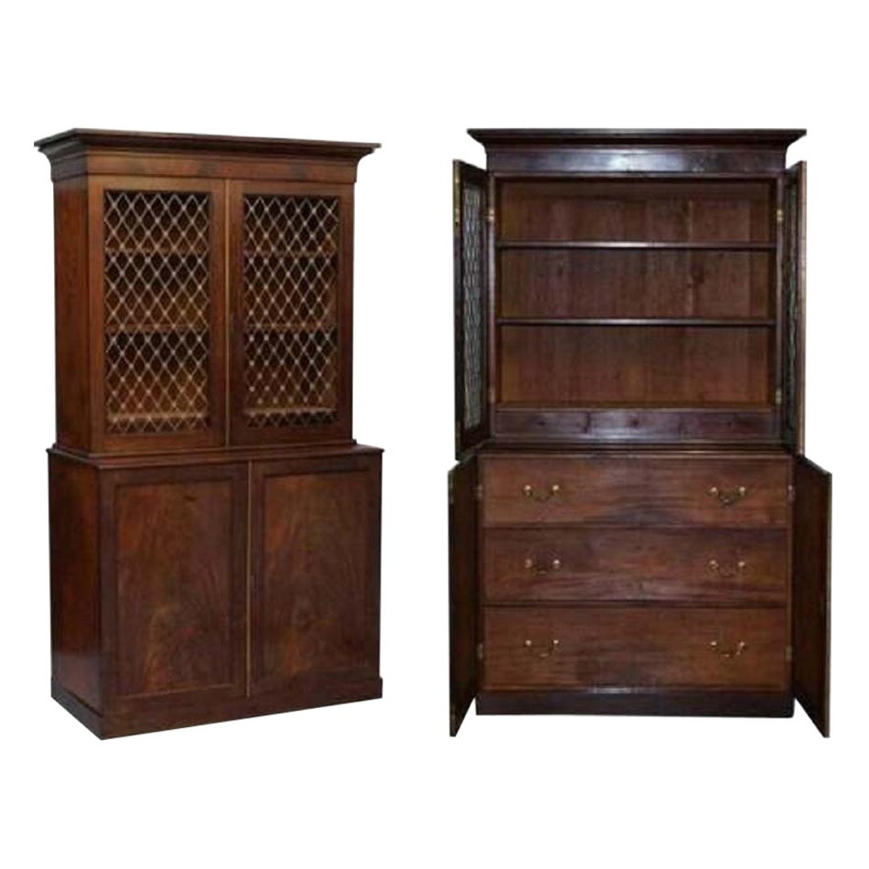 RARE BIBLIOTHÈQUE EN BOIS DUR DU 19e SIÈCLE À PORTE BRONZÉE PIERCEE AVEC TISSU DE TIRAGE en vente