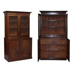 RARA LIBRERIA AD ANTE BRONZATE IN LEGNO DURO DEL 19° SECOLO CON CASSETTI